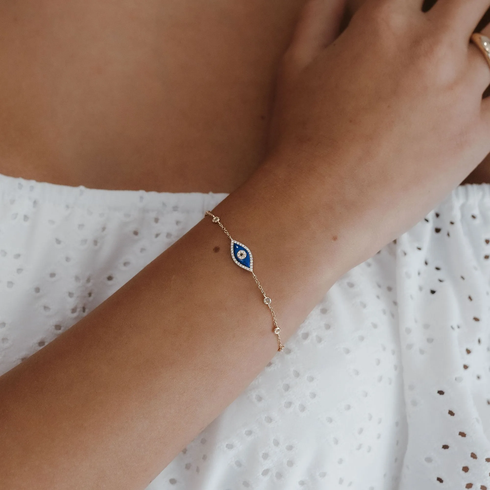 Diamond & Lapis Evil Eye Station Bracelet