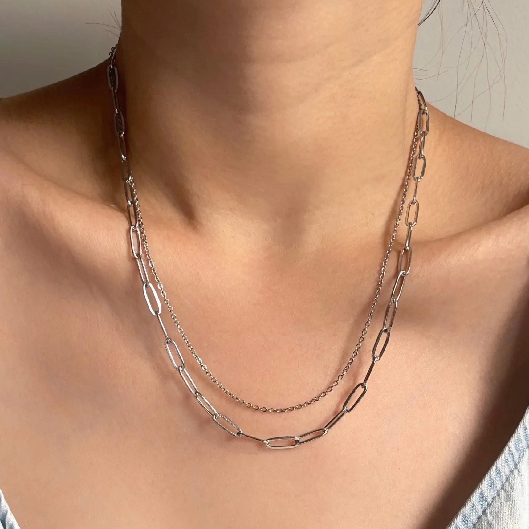 Double Layer Paperclip Necklace Silver