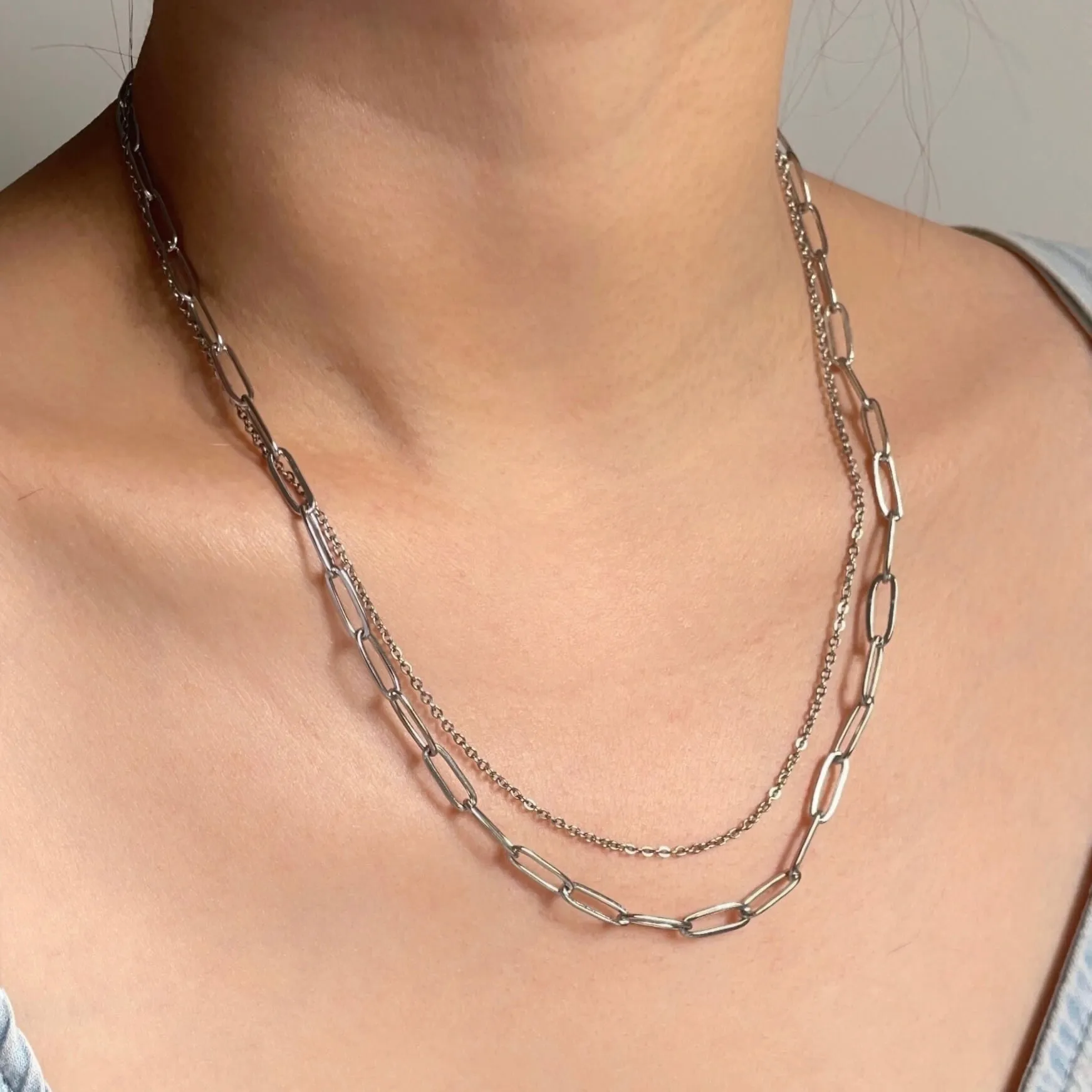 Double Layer Paperclip Necklace Silver