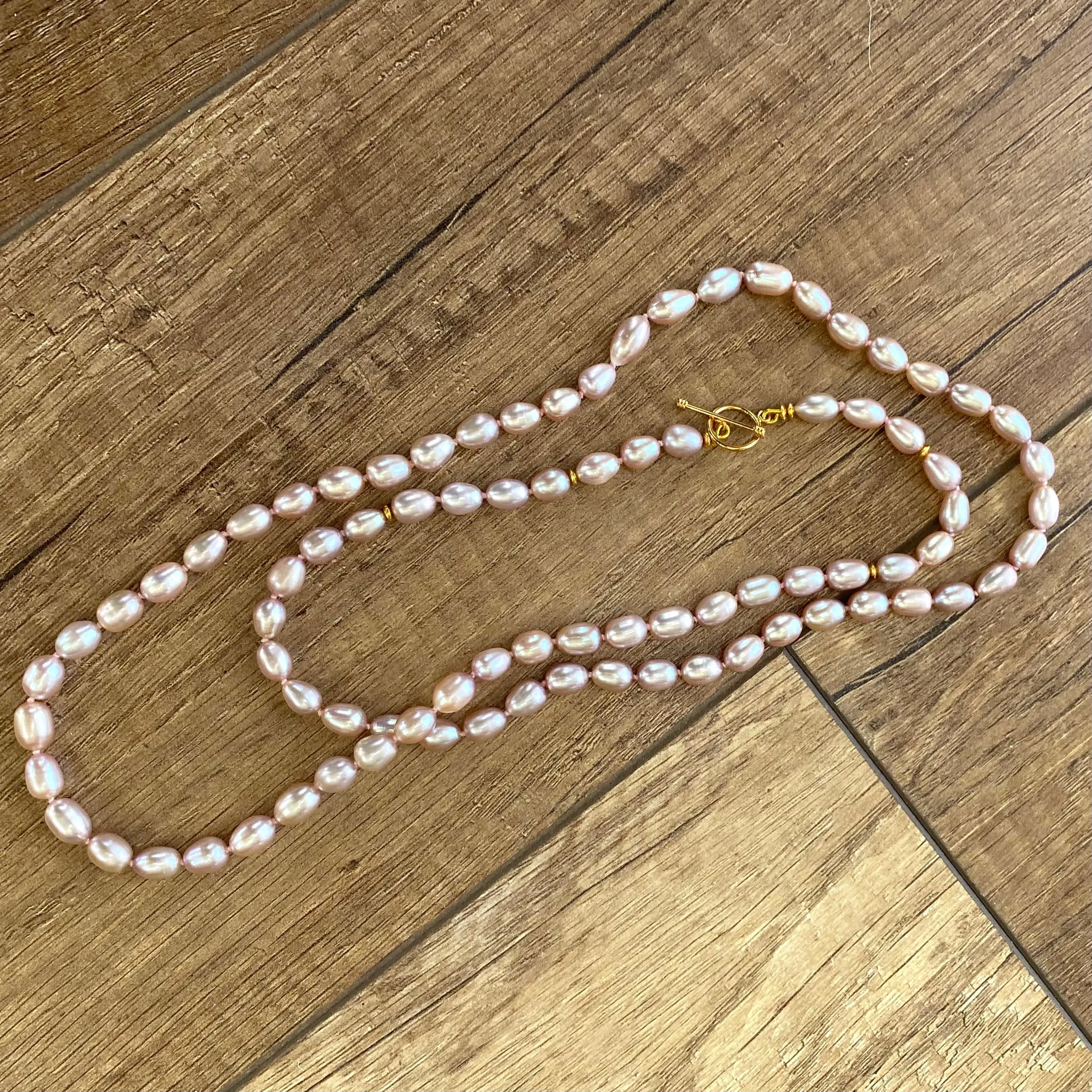 Double Wrap Pink Pearl Long Layered Necklace, Vermeil, Gold Plated Silver Toggle Clasp & Details, 34inches