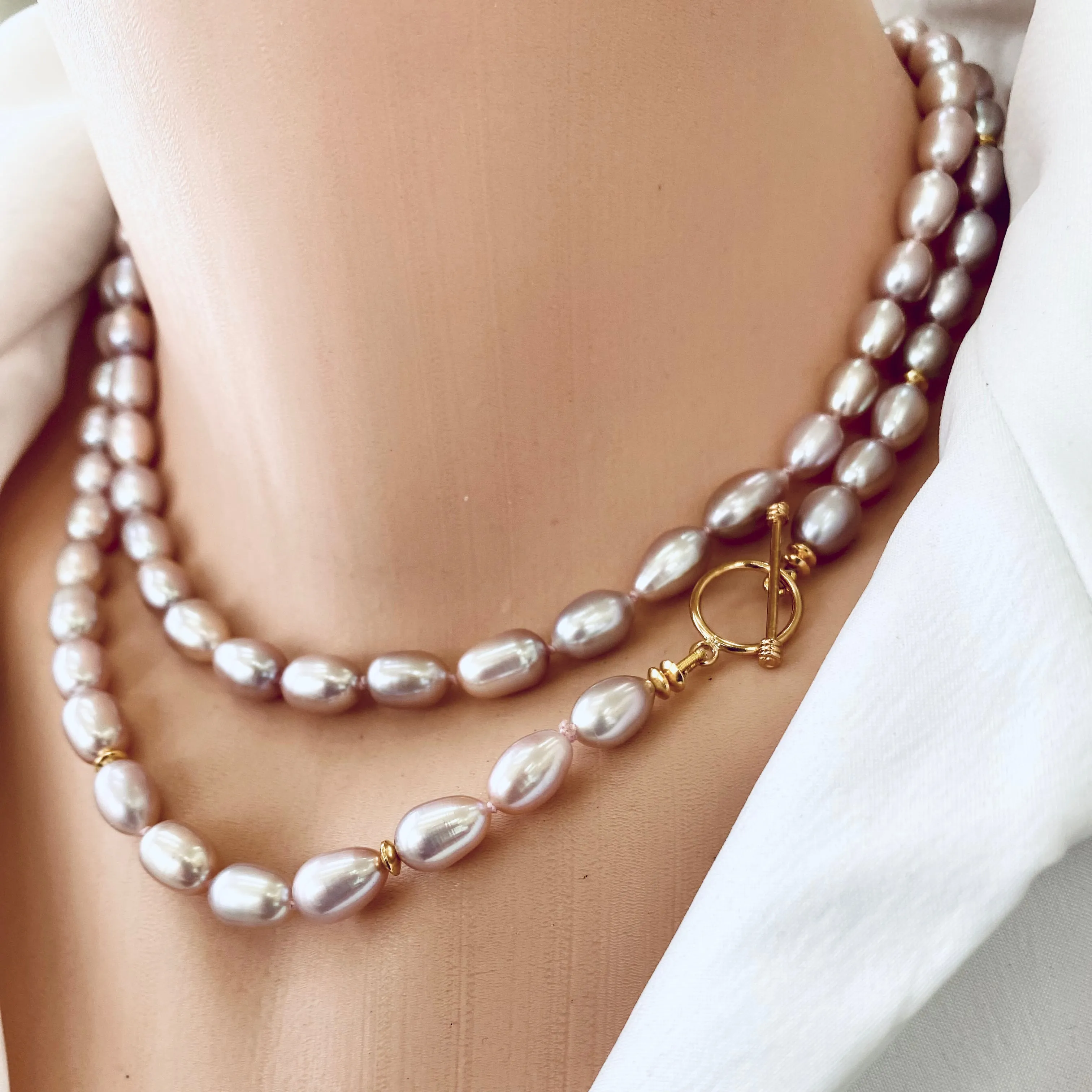 Double Wrap Pink Pearl Long Layered Necklace, Vermeil, Gold Plated Silver Toggle Clasp & Details, 34inches