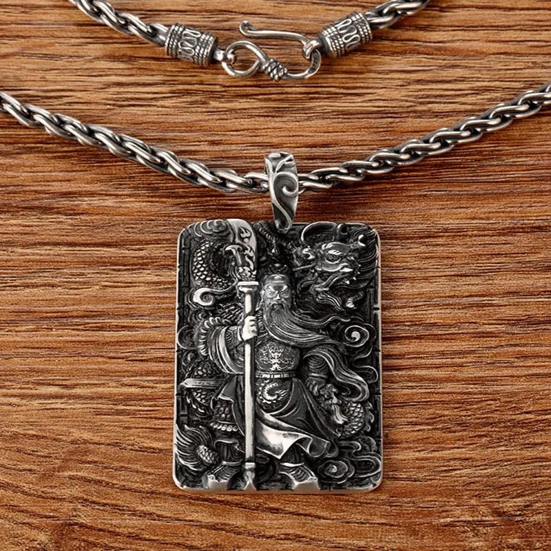 Dragon and Hero Guan Yu 999 Genuine Silver Vintage Pendant Necklace