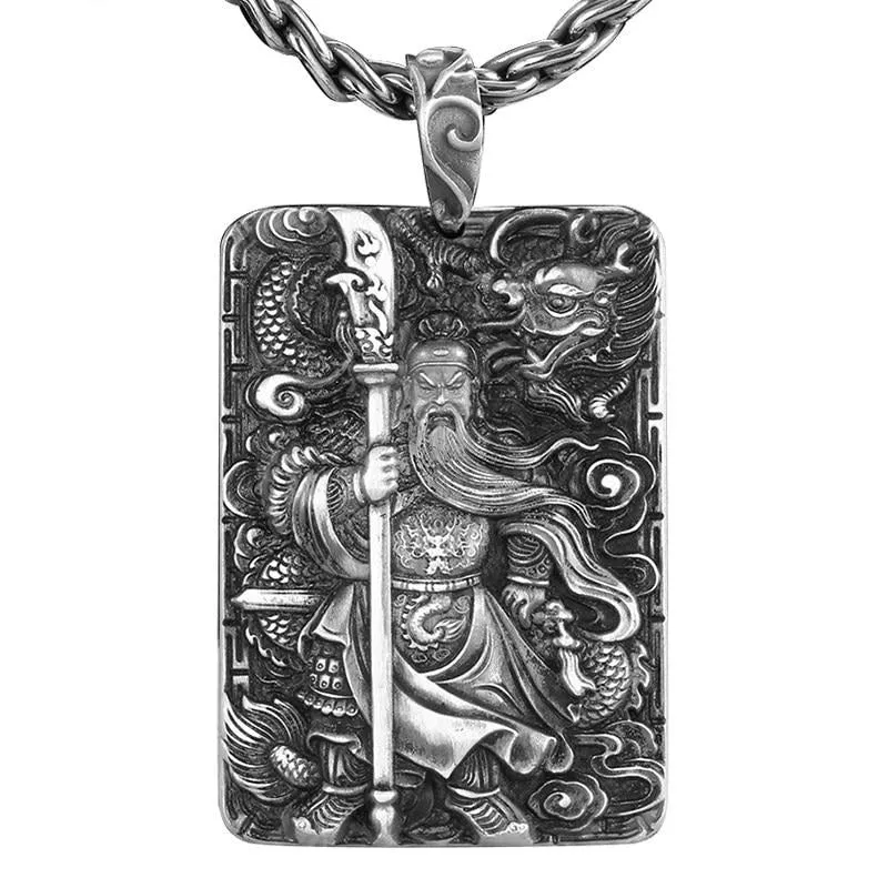 Dragon and Hero Guan Yu 999 Genuine Silver Vintage Pendant Necklace