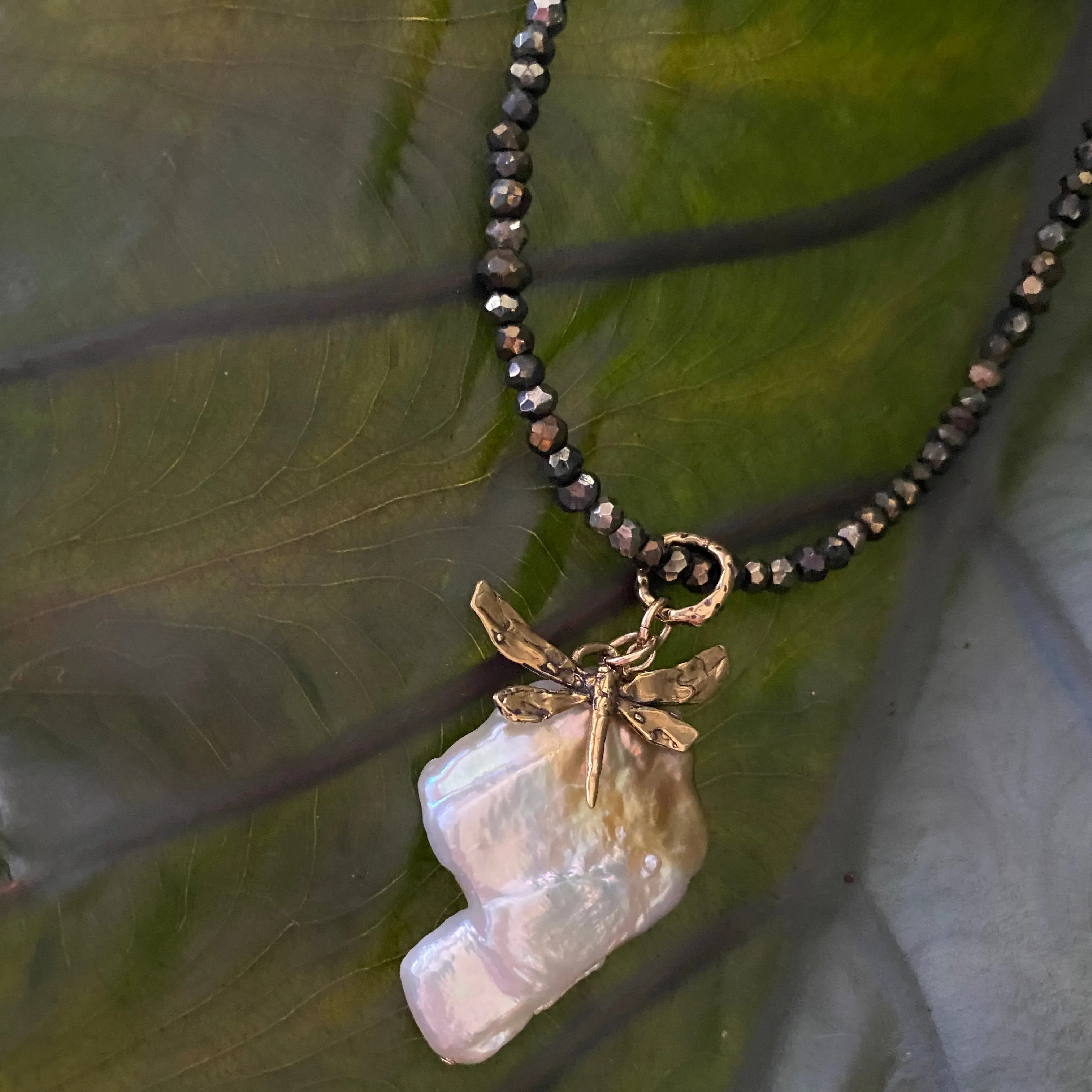 Dragonfly and Large Keshi Pearl Charm Pendant on Pyrite Beaded Chain, Artisan Gold Bronze, 17inches