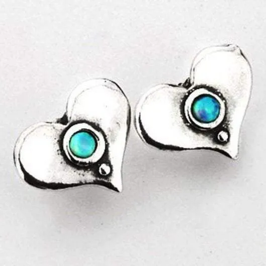 Earrings, opal silver earrings, Israeli silver earrings ,  Heart earrings, October Birthstone