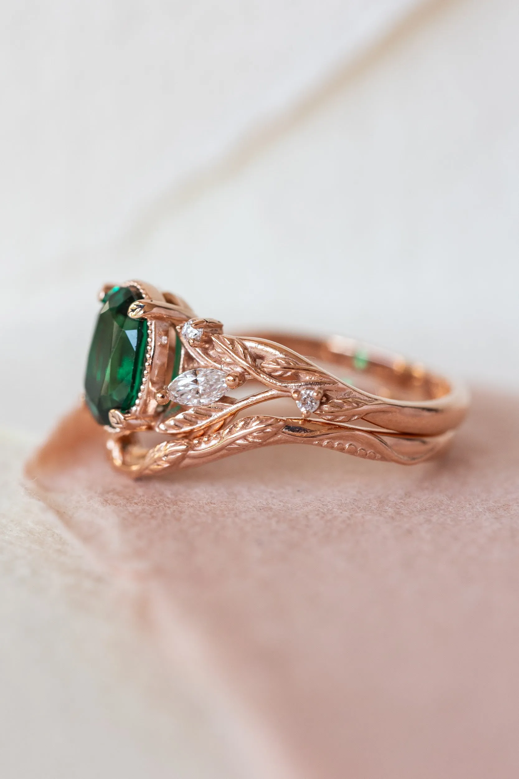 Emerald and accent diamonds engagement ring, rose gold engagement ring / Patricia