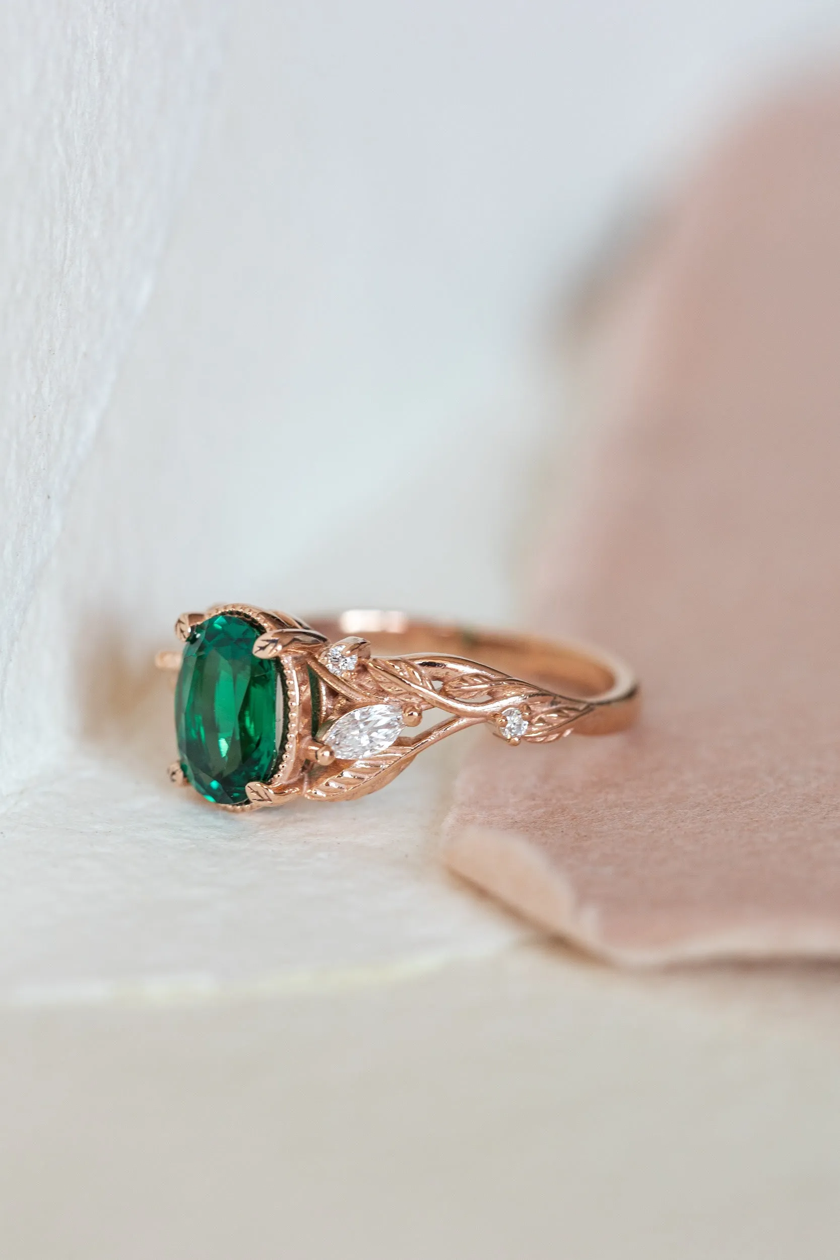 Emerald and accent diamonds engagement ring, rose gold engagement ring / Patricia