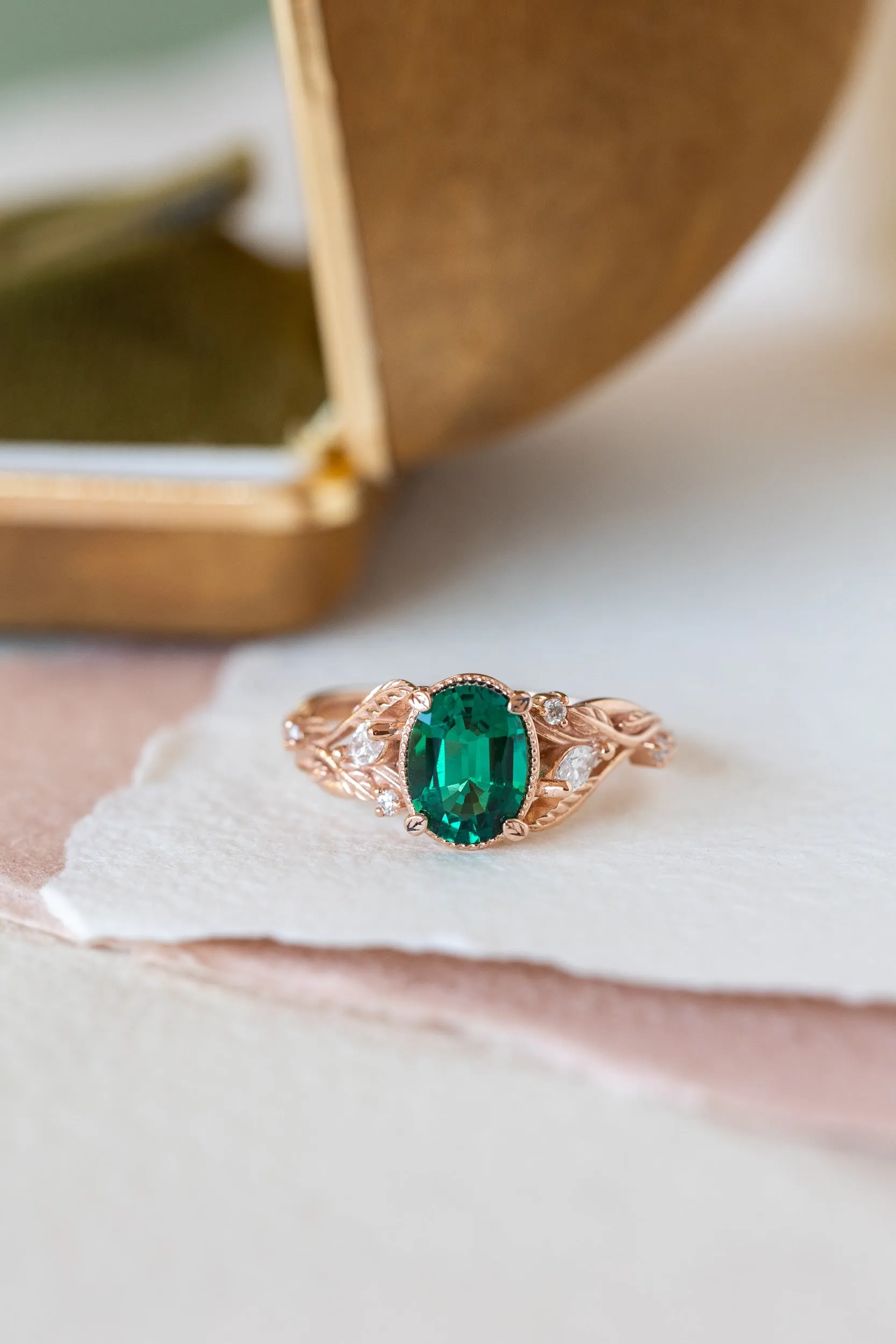 Emerald and accent diamonds engagement ring, rose gold engagement ring / Patricia