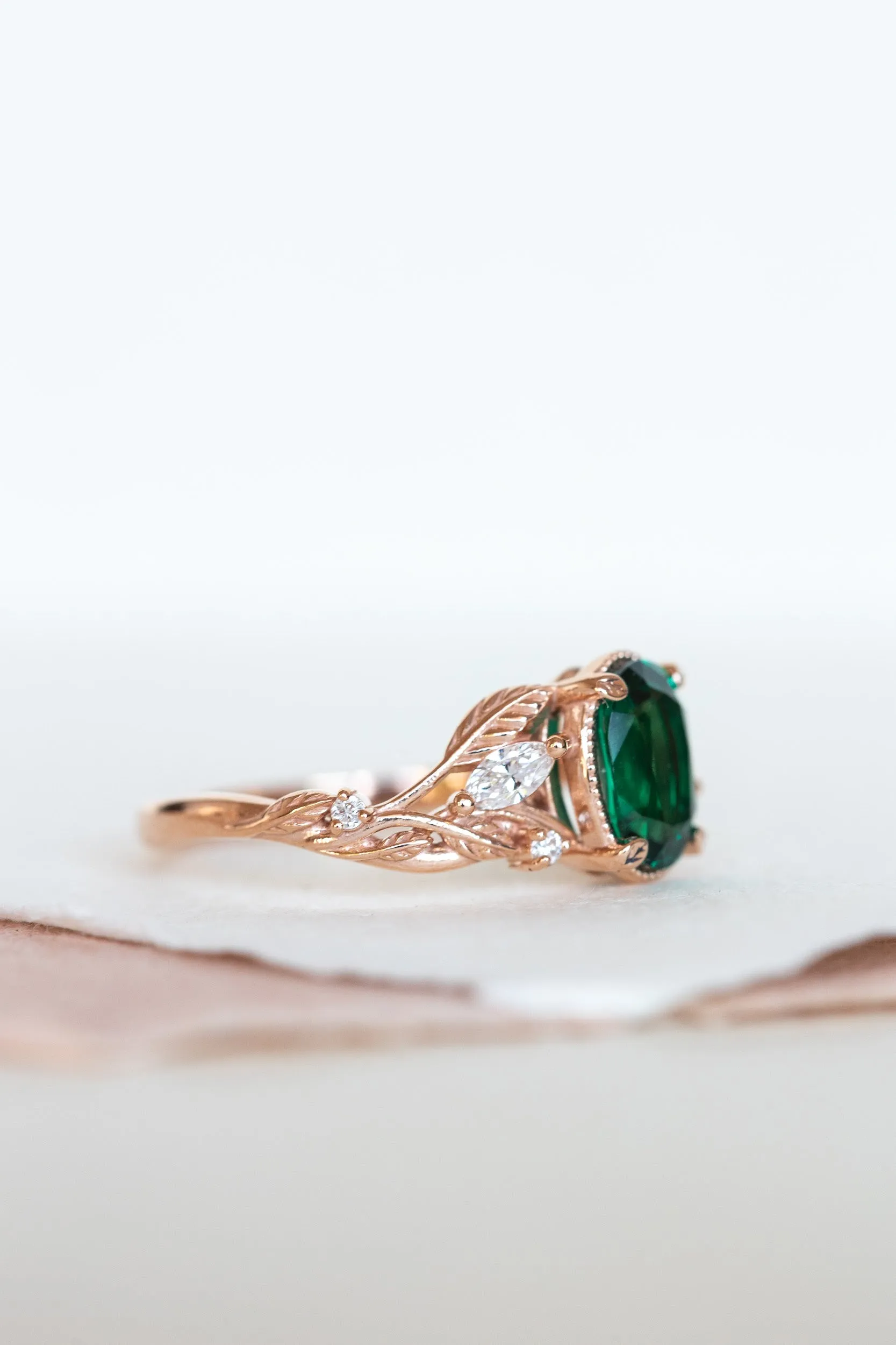 Emerald and accent diamonds engagement ring, rose gold engagement ring / Patricia