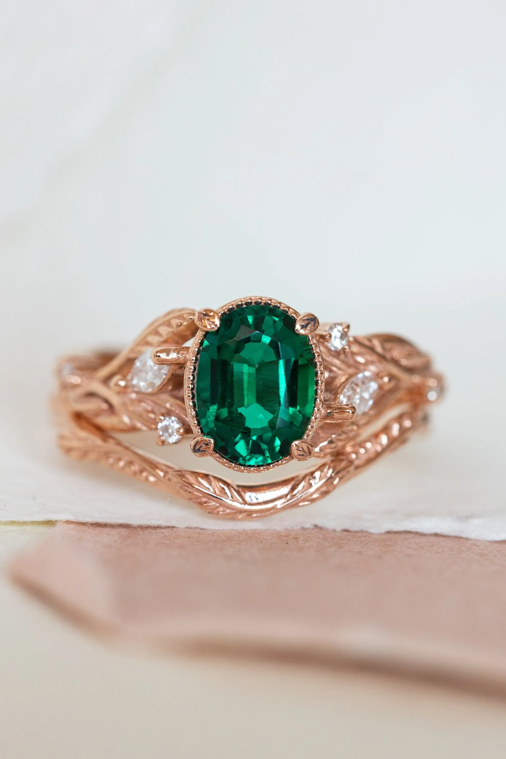 Emerald and accent diamonds engagement ring, rose gold engagement ring / Patricia