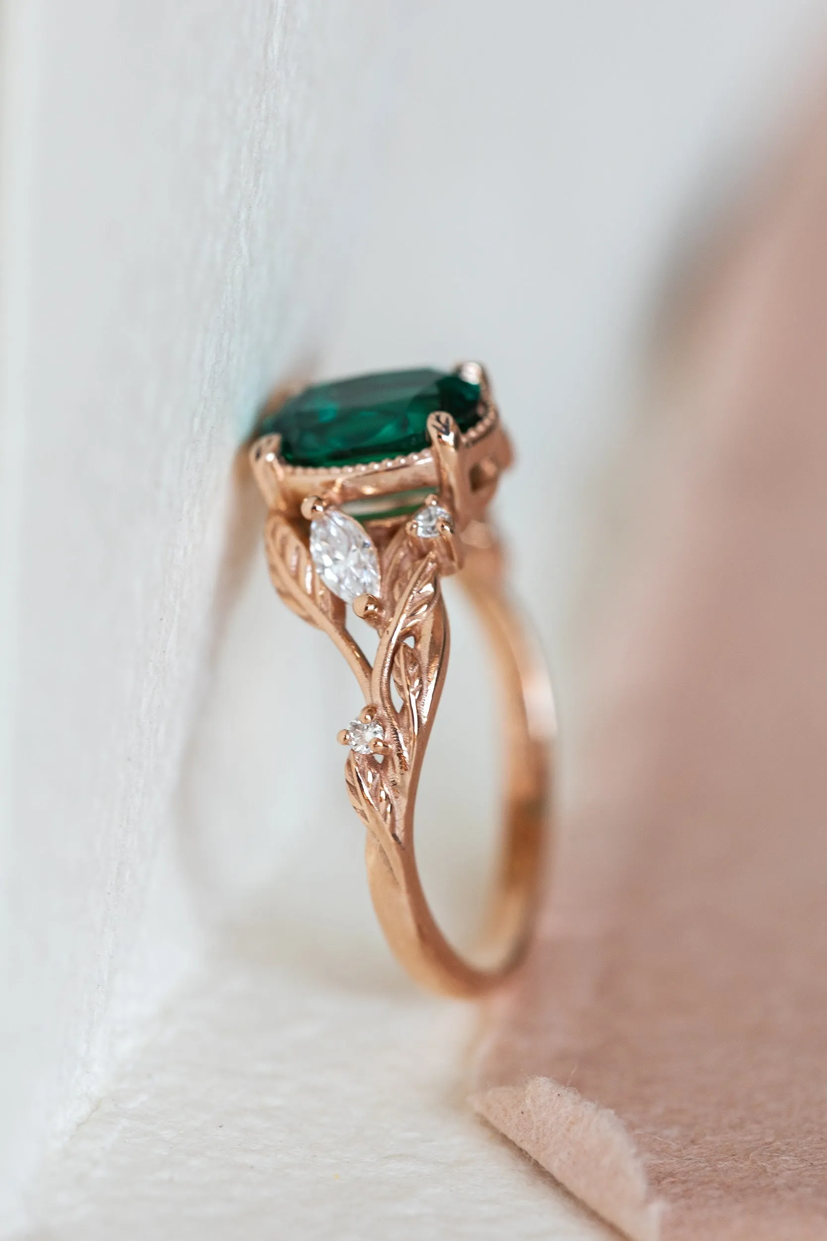 Emerald and accent diamonds engagement ring, rose gold engagement ring / Patricia