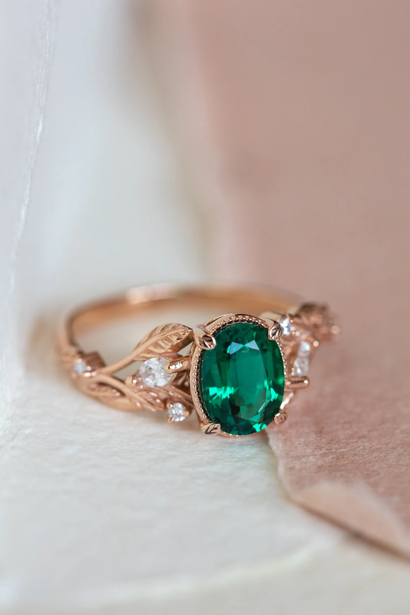 Emerald and accent diamonds engagement ring, rose gold engagement ring / Patricia