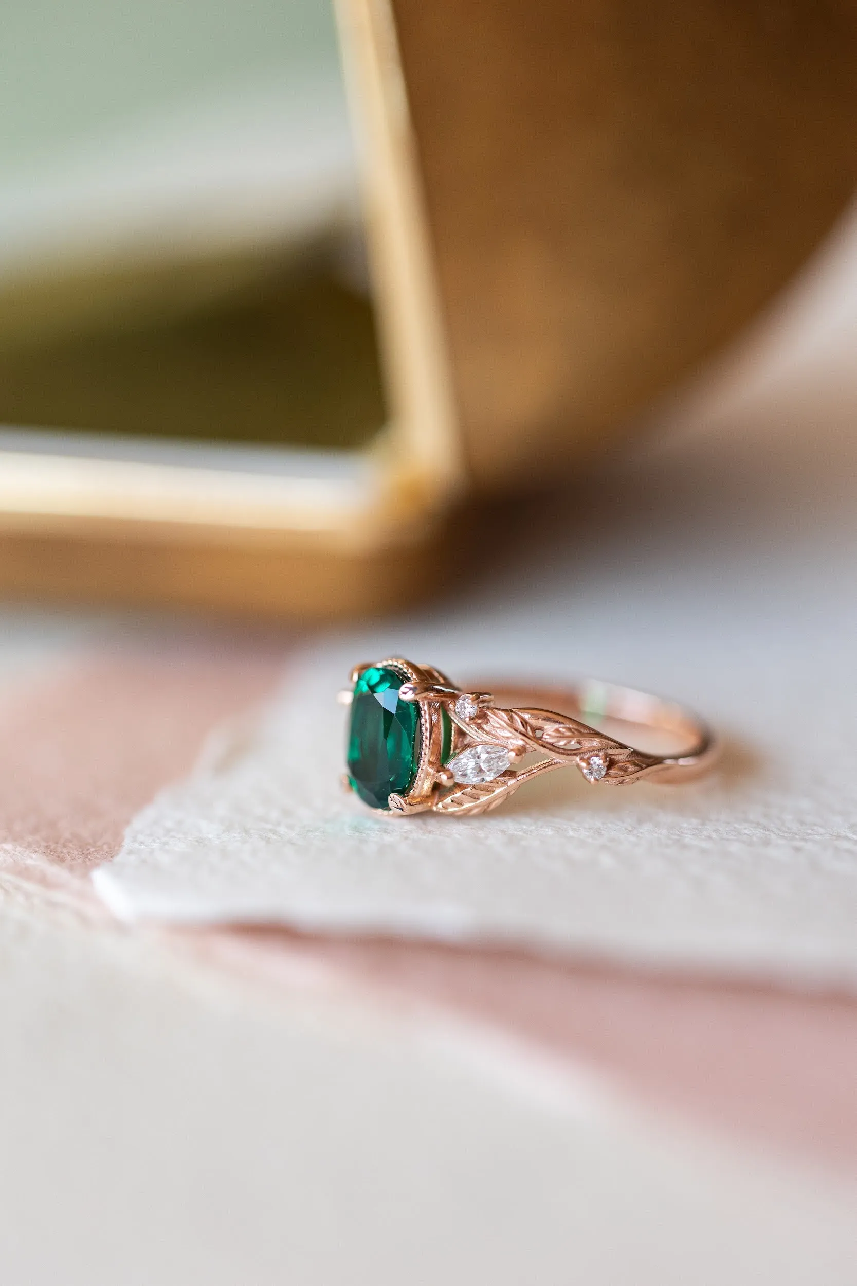 Emerald and accent diamonds engagement ring, rose gold engagement ring / Patricia