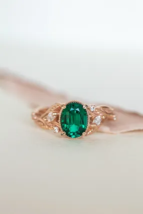 Emerald and accent diamonds engagement ring, rose gold engagement ring / Patricia