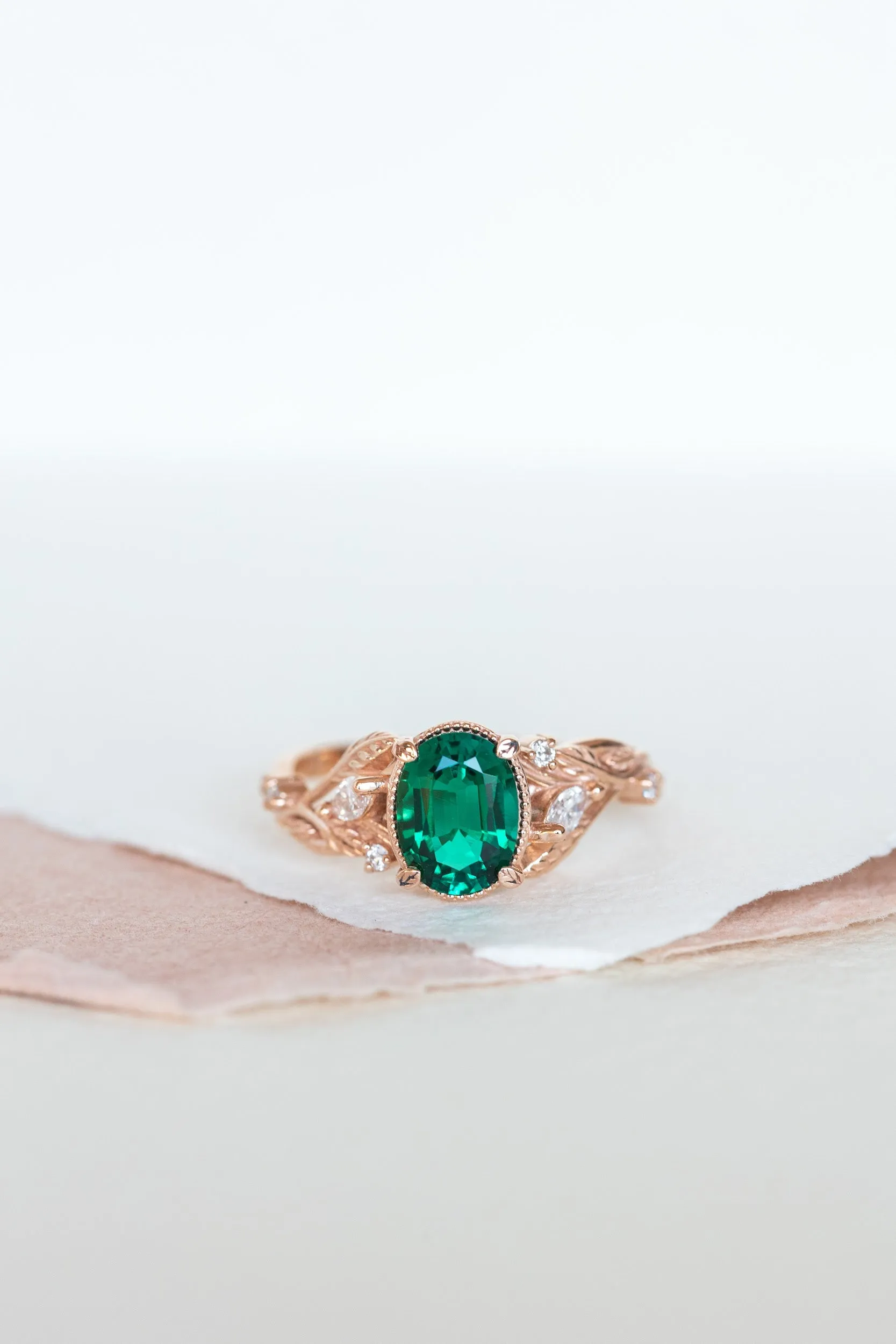 Emerald and accent diamonds engagement ring, rose gold engagement ring / Patricia