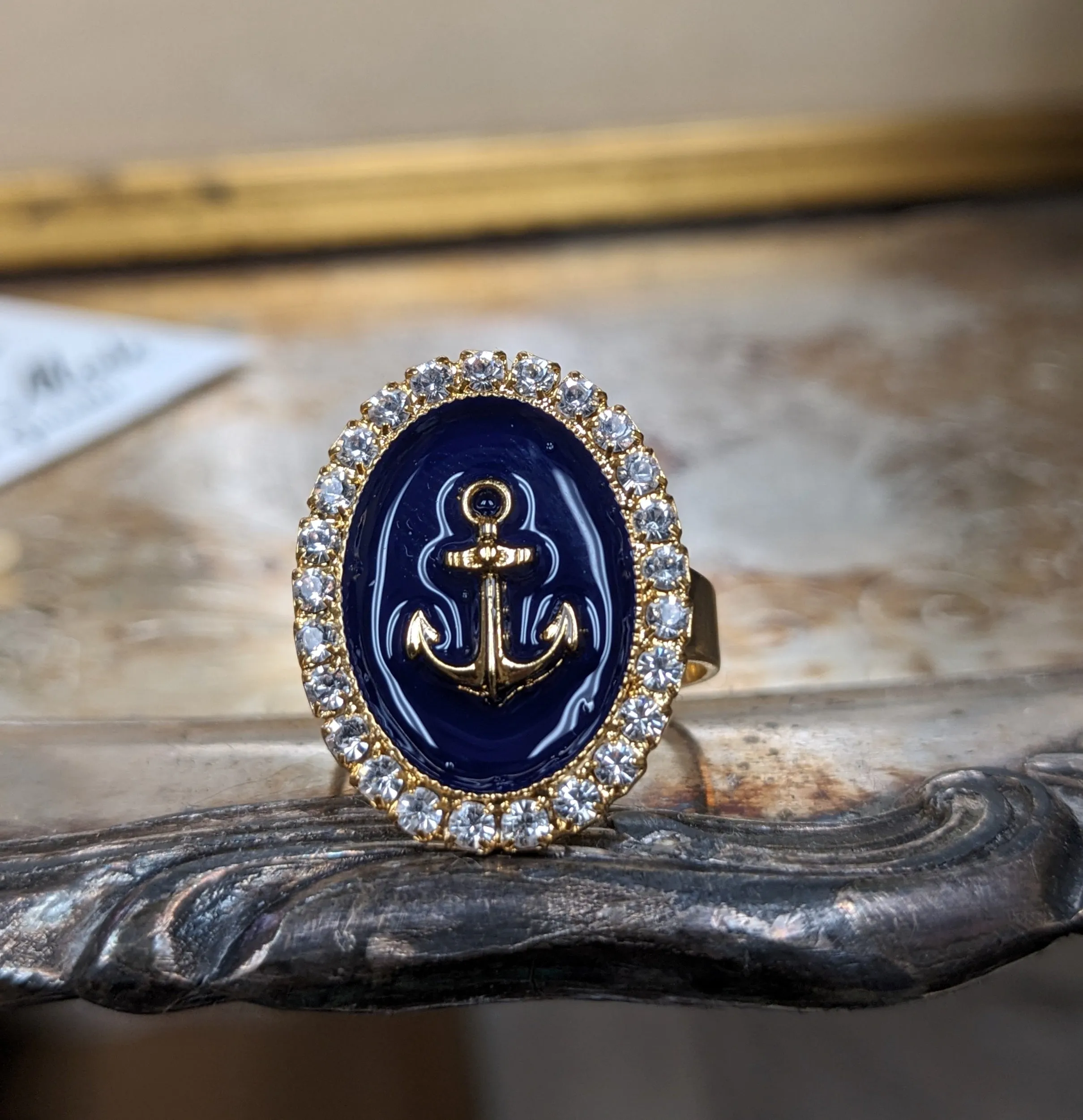 Faux Enamel ring with crystal halo - Anchor