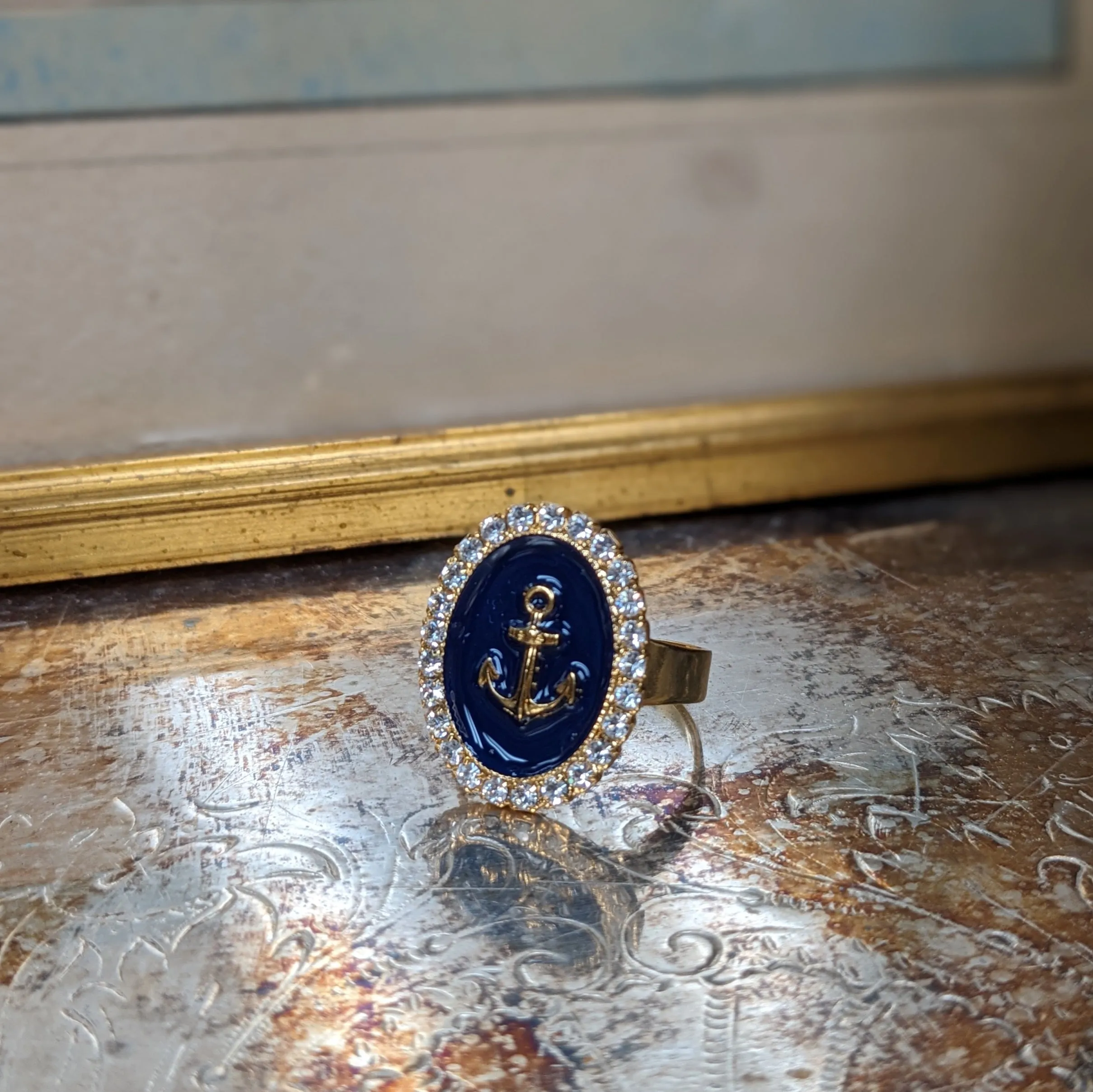 Faux Enamel ring with crystal halo - Anchor