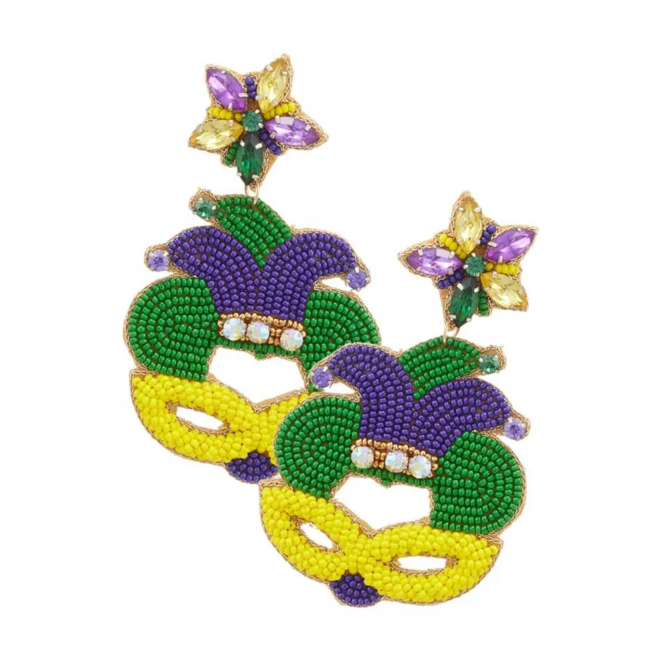 Felt Back Mardi Gras Beaded Dangle Earrings