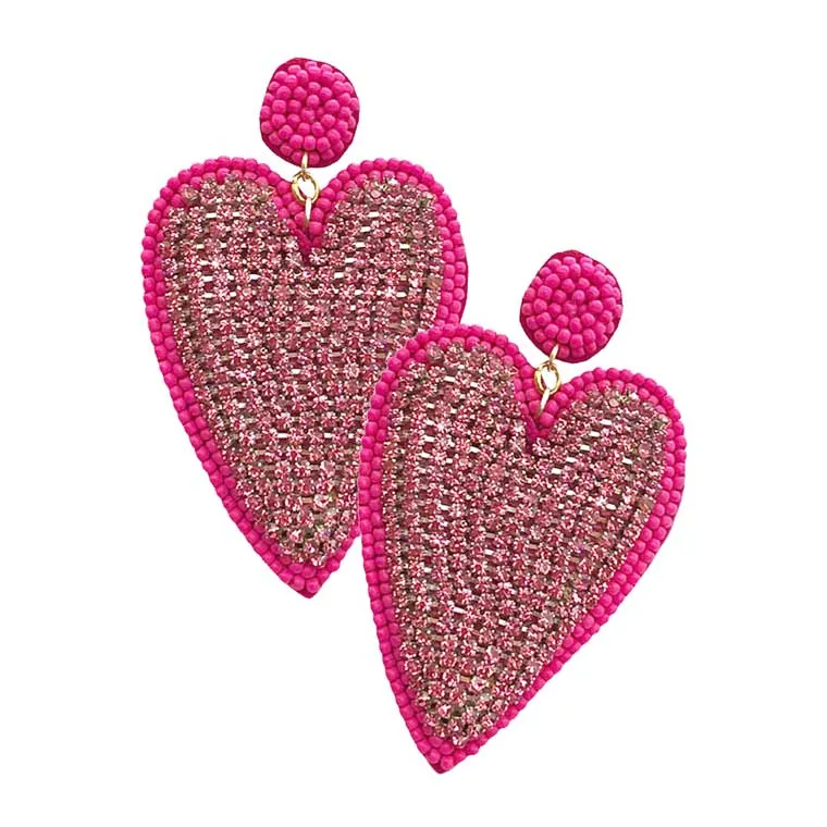 Felt Back Rhinestone Seed Beaded Heart Dangle Earrings