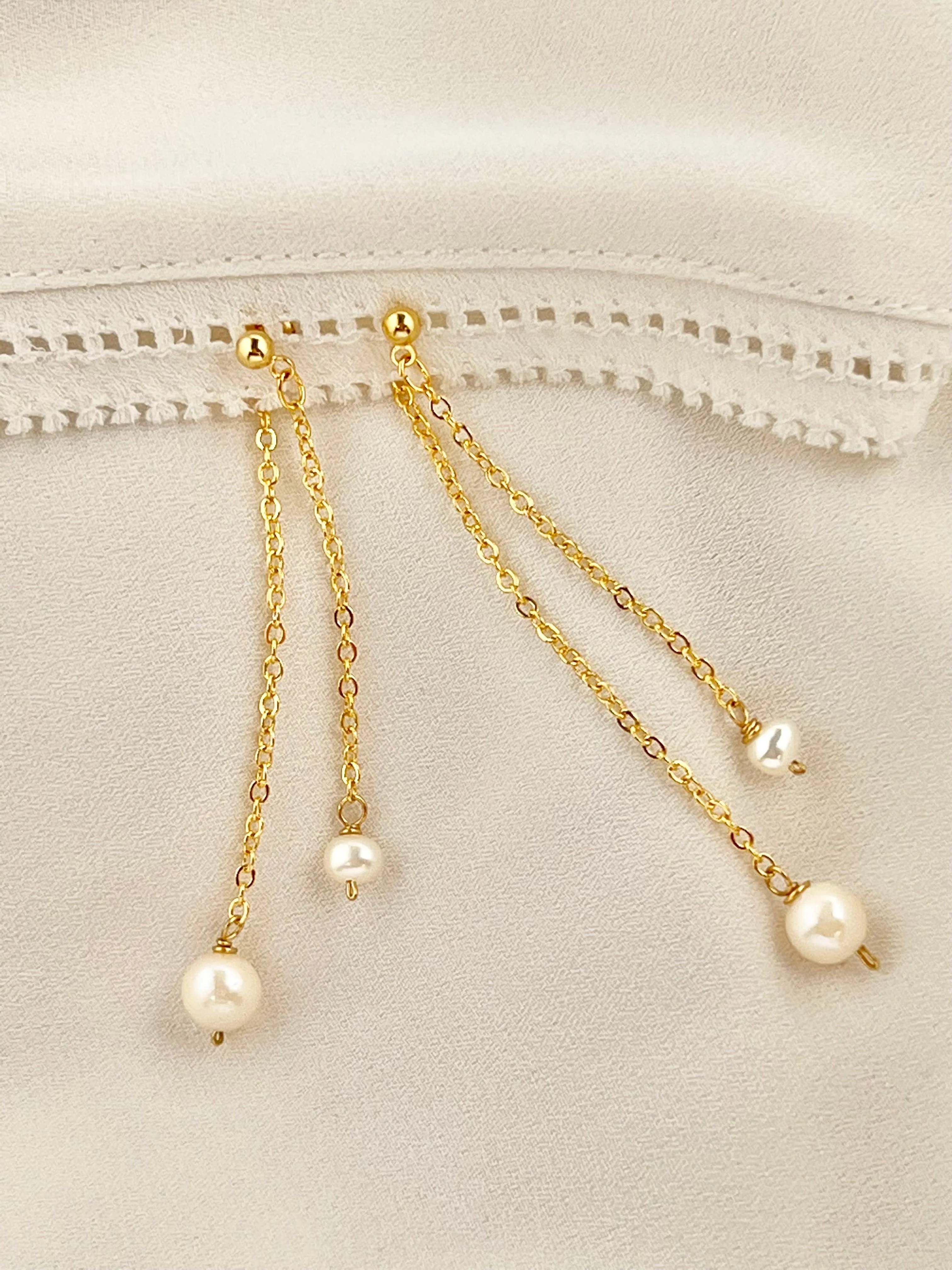 Gold Double Chain Freshwater Pearl Earrings