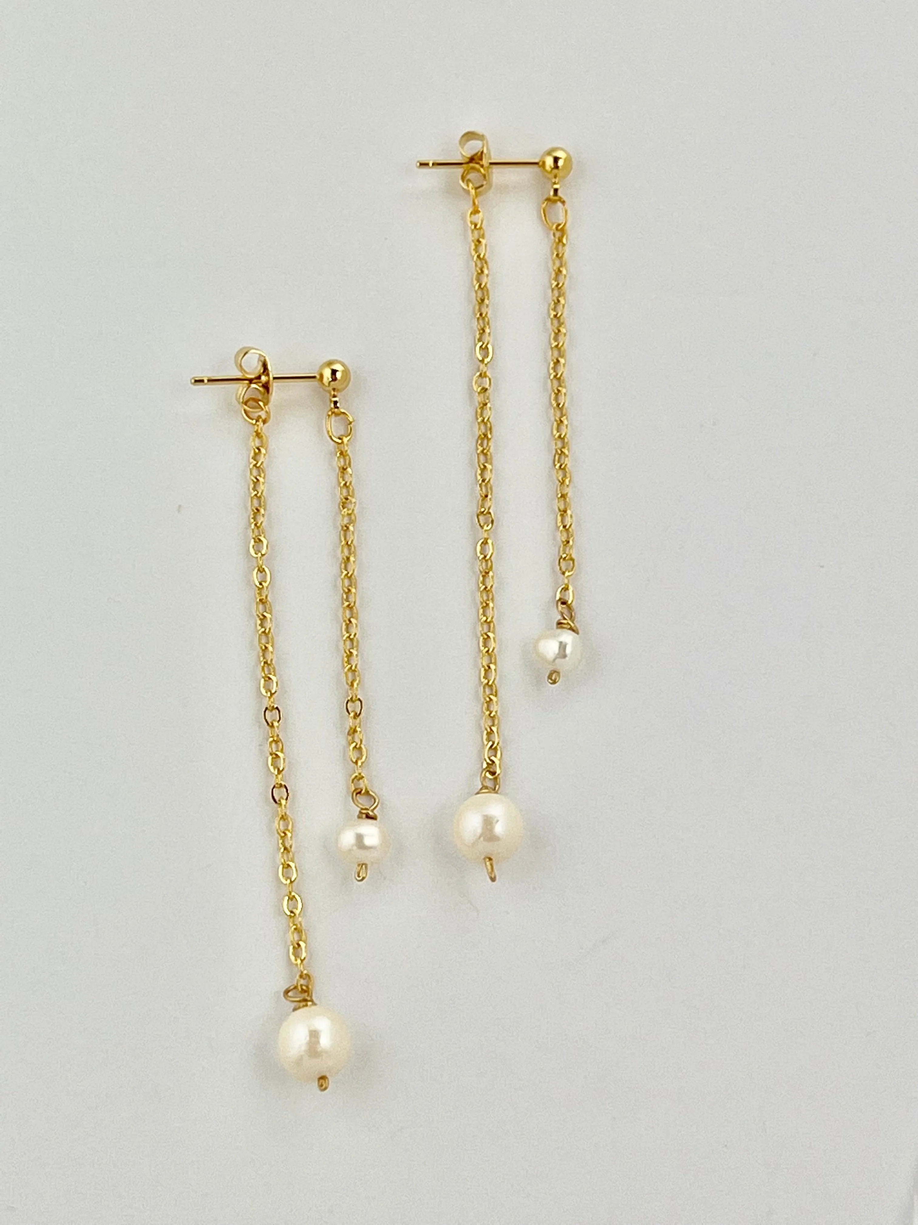 Gold Double Chain Freshwater Pearl Earrings