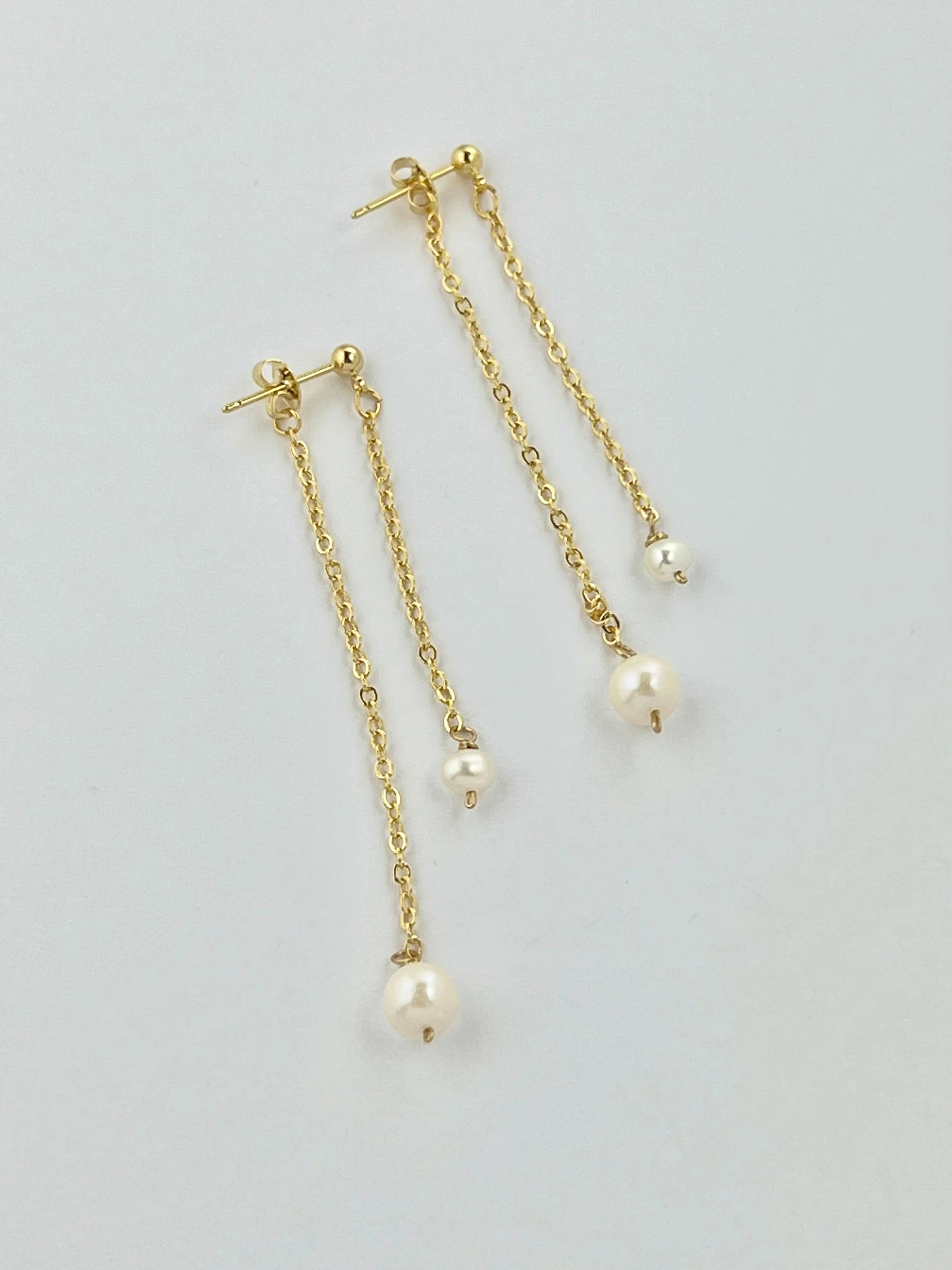 Gold Double Chain Freshwater Pearl Earrings