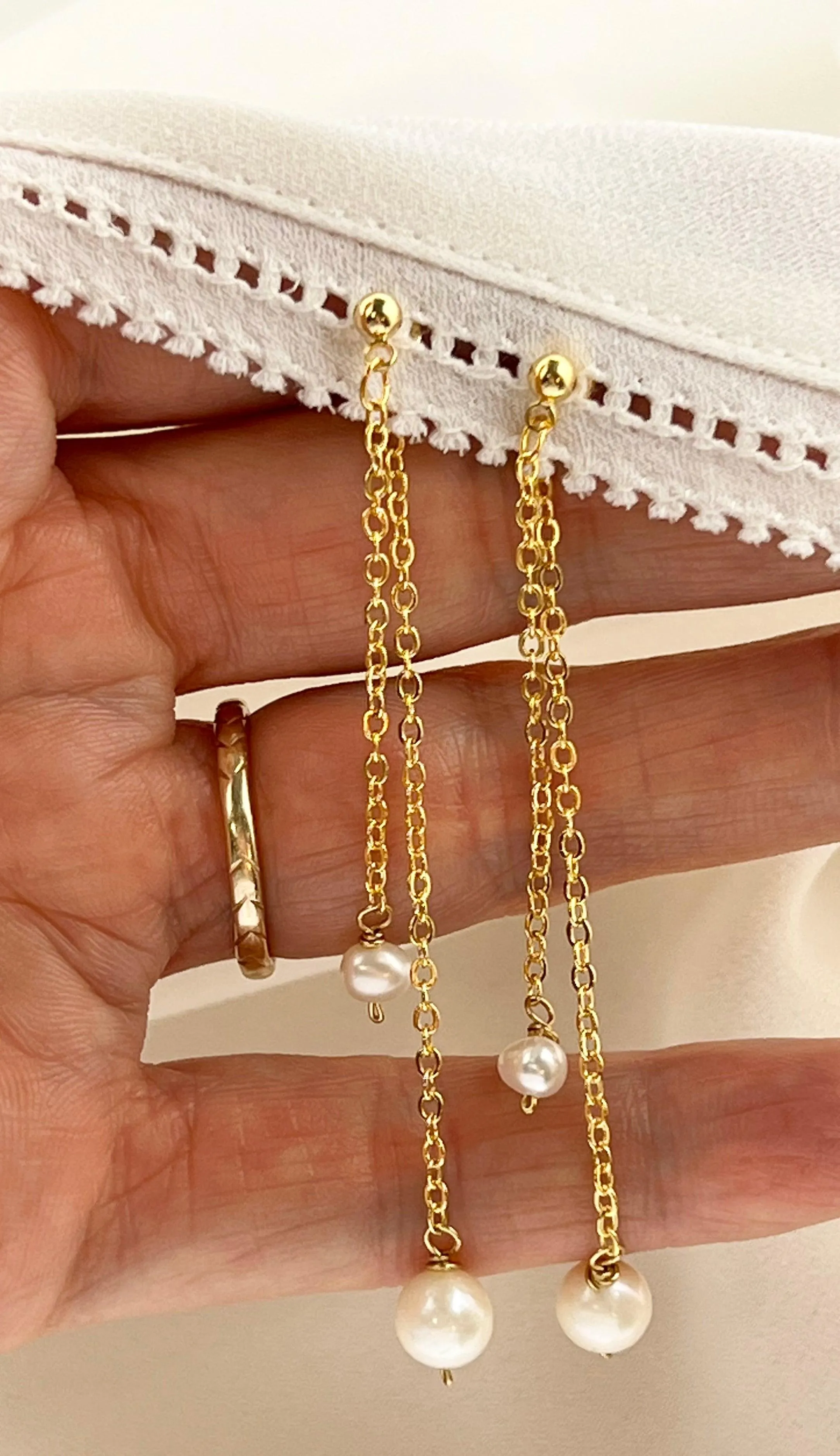 Gold Double Chain Freshwater Pearl Earrings