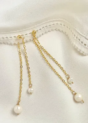 Gold Double Chain Freshwater Pearl Earrings