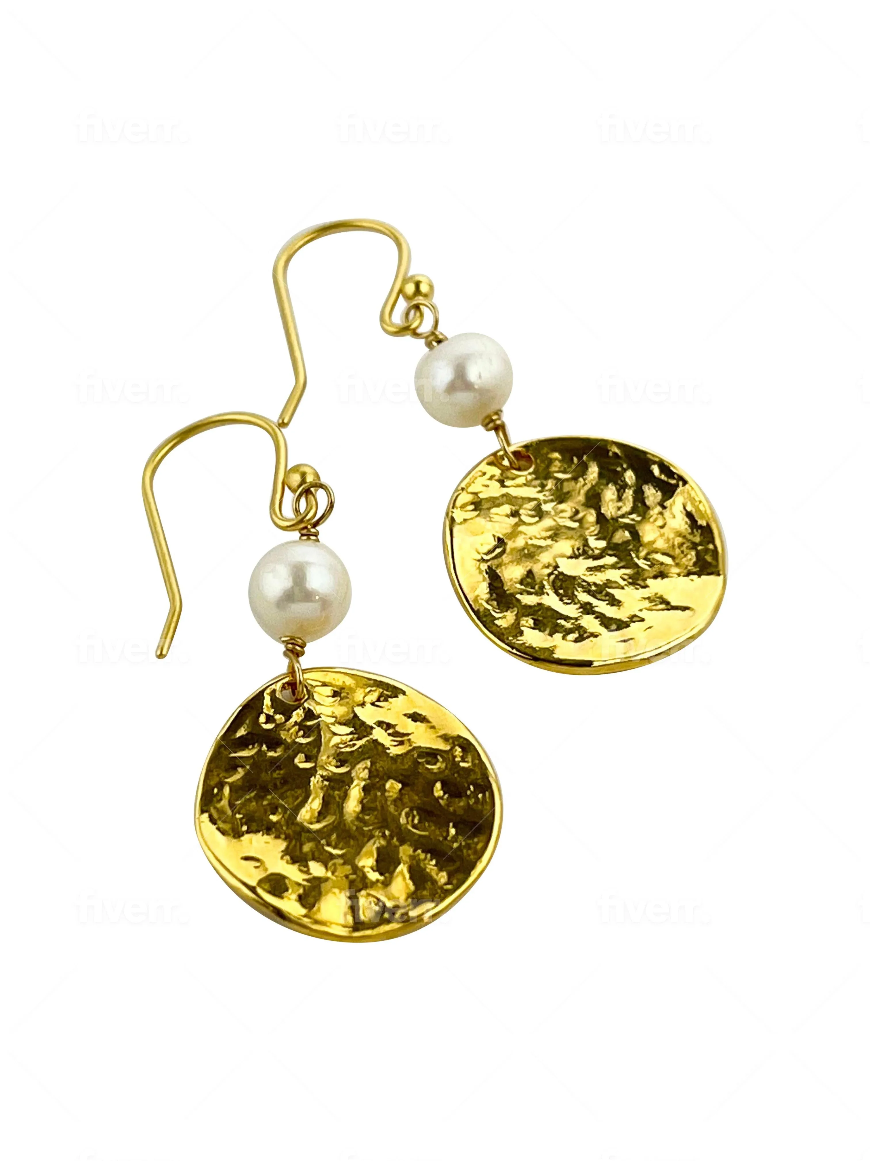 Gold Freshwater Pearl Hammered Disc Earrings