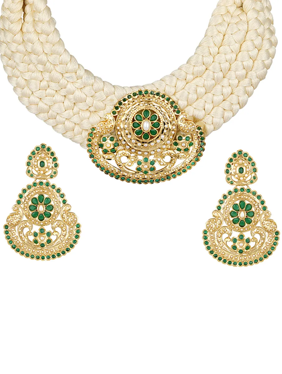 Golden, Creme and Green Kundan Necklace Set