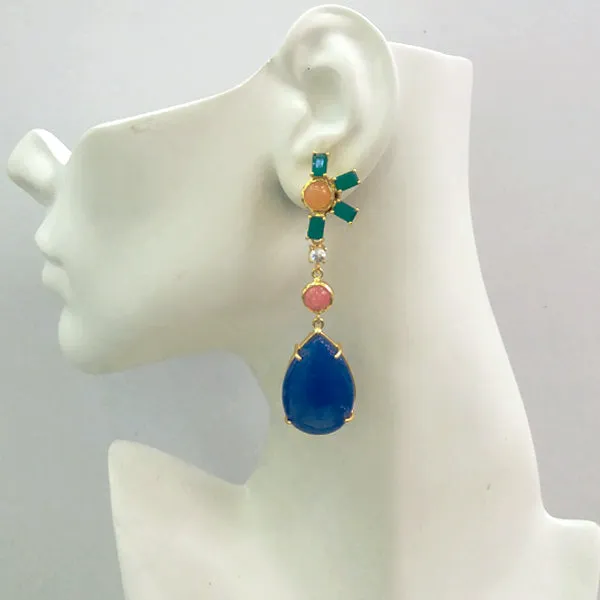 Green Agate & Carnelian Stud with White Topaz, Cherry Quartz & Blue Jade Twinset Earrings