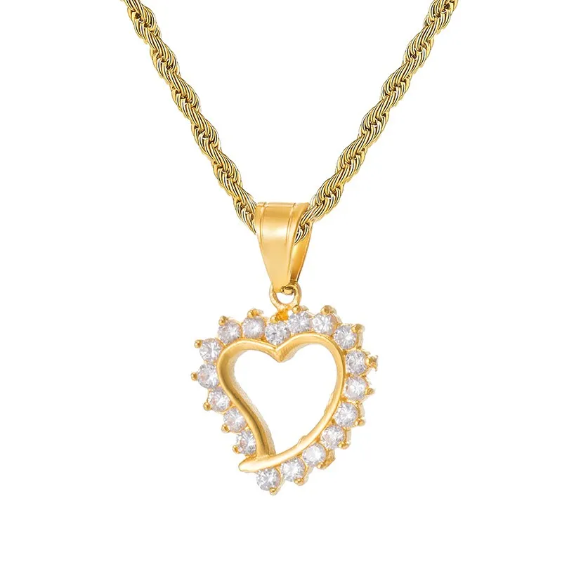 Heart Bling Rhinestone-Studded Stainless Steel Fashion Hip-hop Pendant Necklace