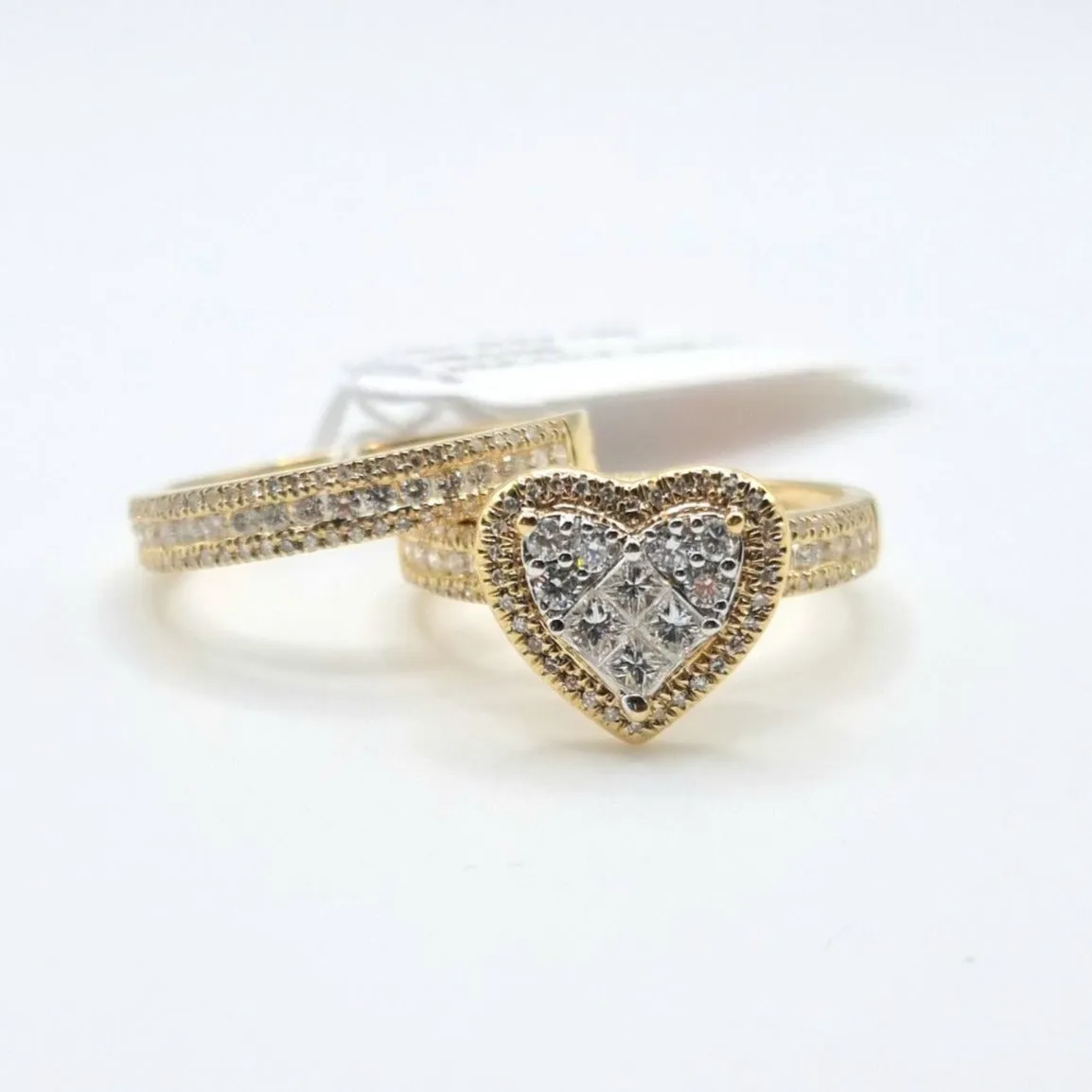 Heart Diamond Halo Engagement Ring / Half Eternity Wedding Band Bridal Set 14K Gold