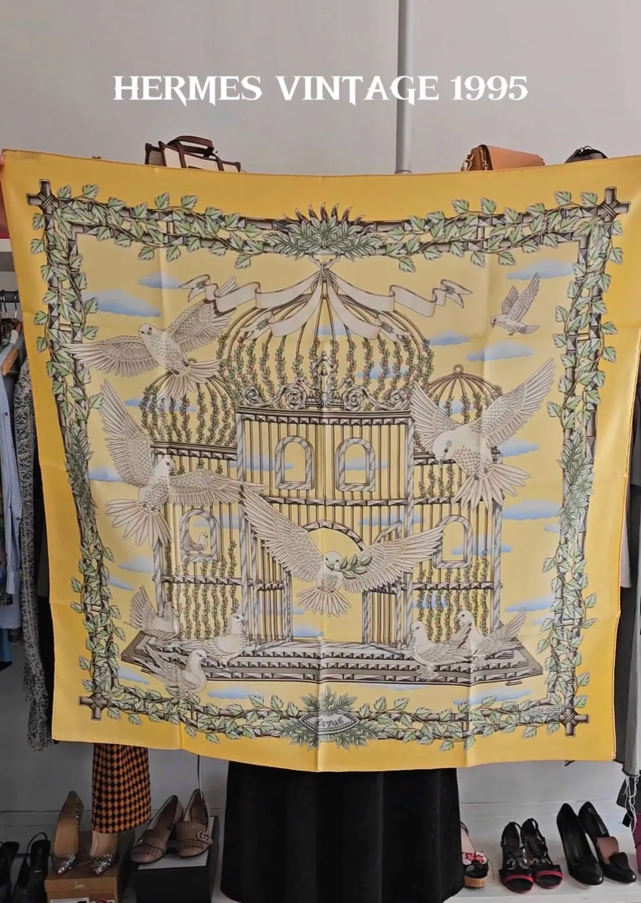 Hermes Vintage 1995 En Vol Yellow Silk 90cm Scarf