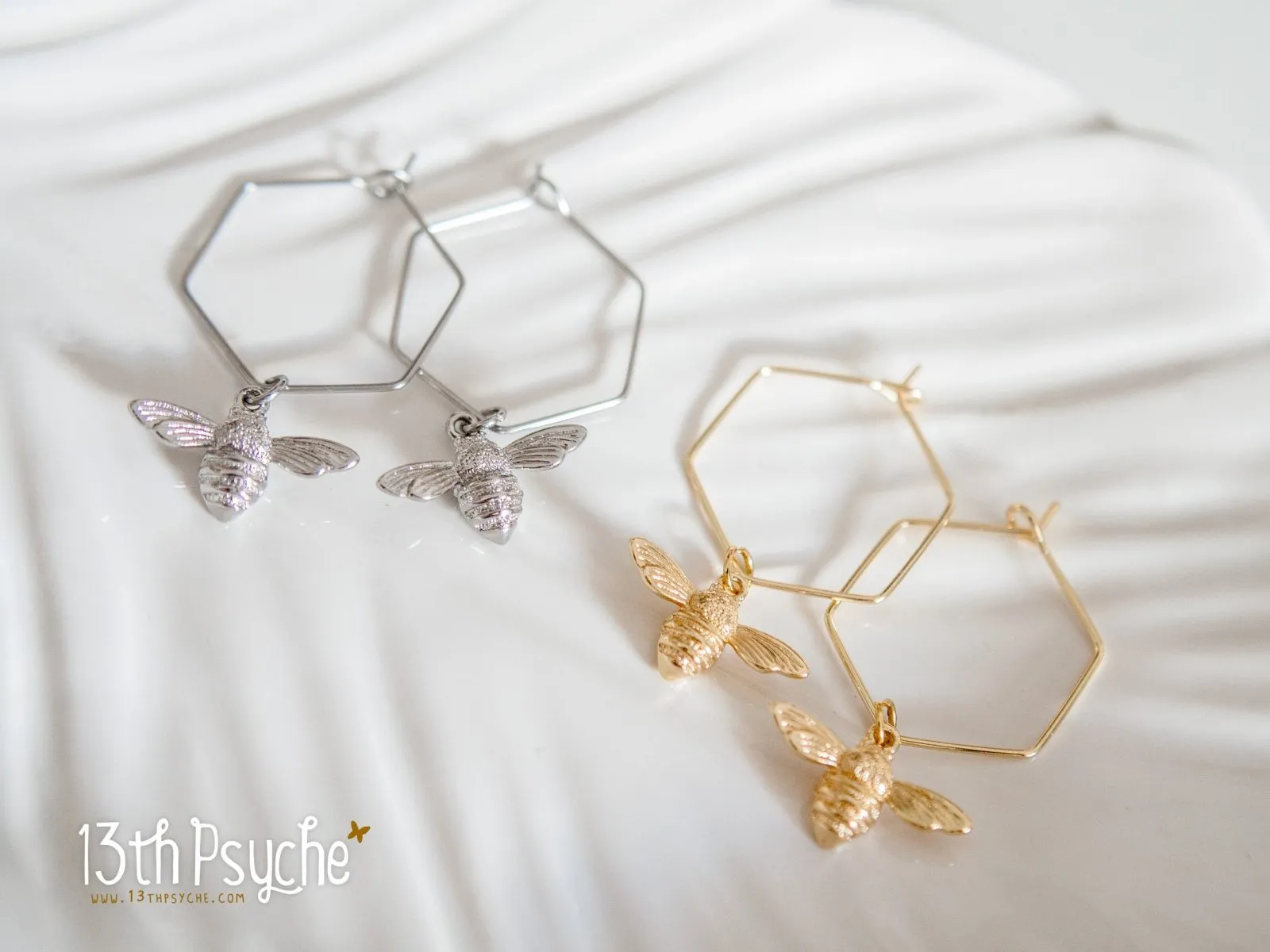 Hexagon hoop earrings with bee charms