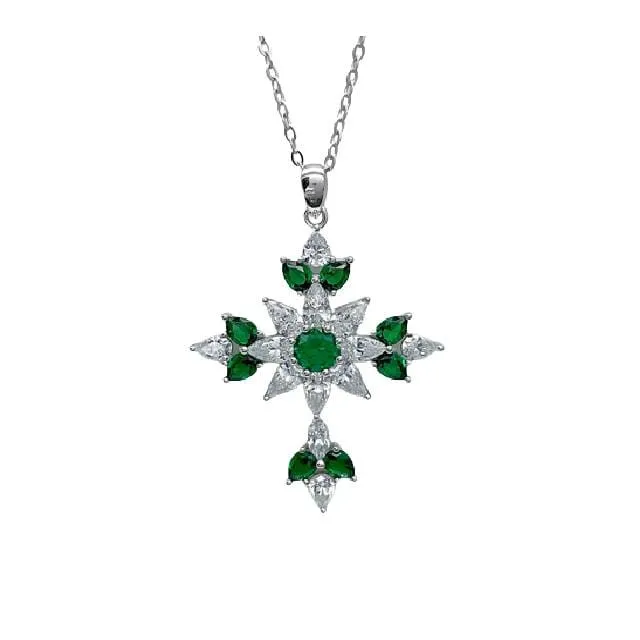 High Carbon Diamond Cross and Emerald Pendant Necklace - 925 Sterling Silver