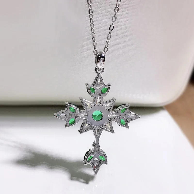 High Carbon Diamond Cross and Emerald Pendant Necklace - 925 Sterling Silver