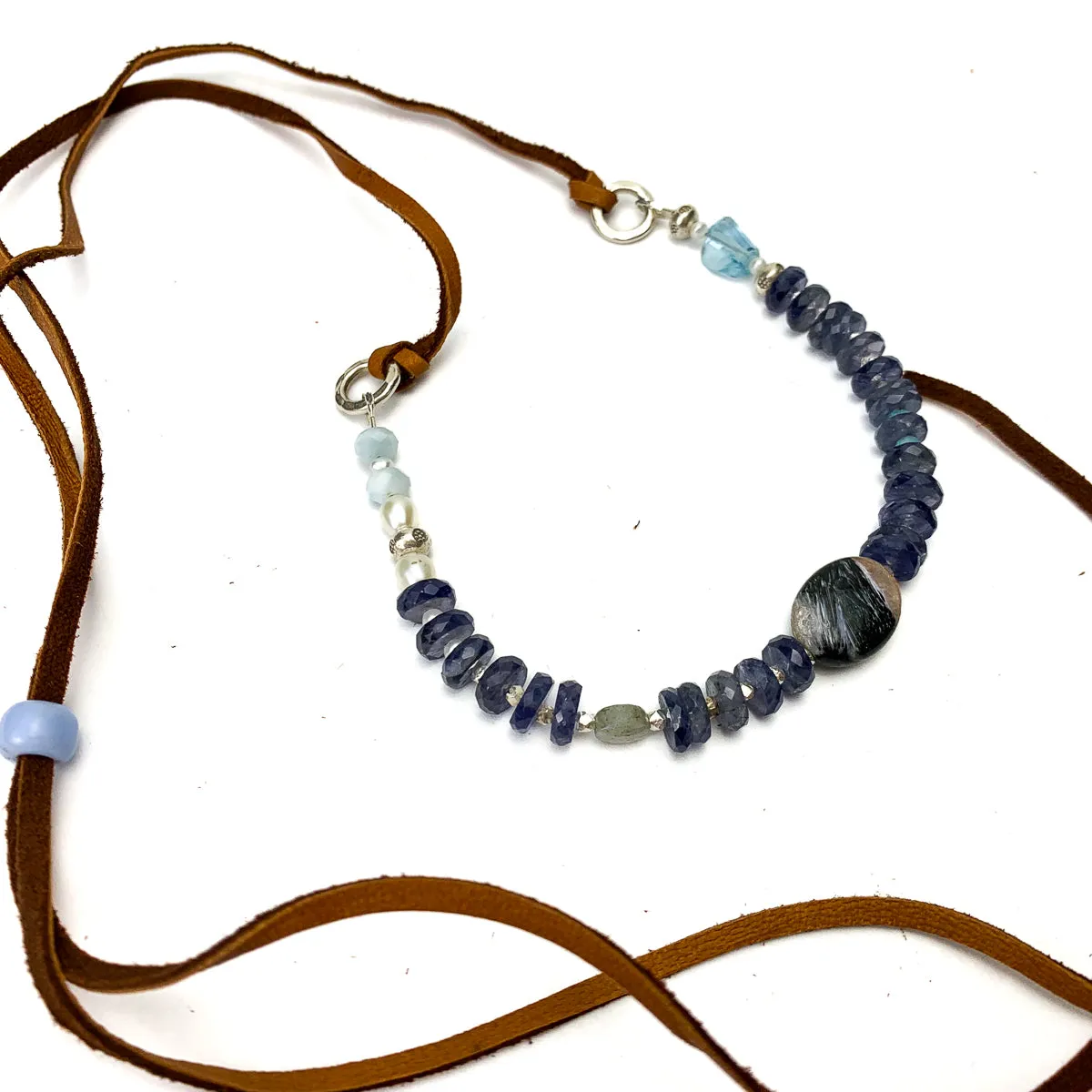 Iolite, Chaorite, Aquamarine, Larimar, Freshwater Pearl Leather Necklace #2