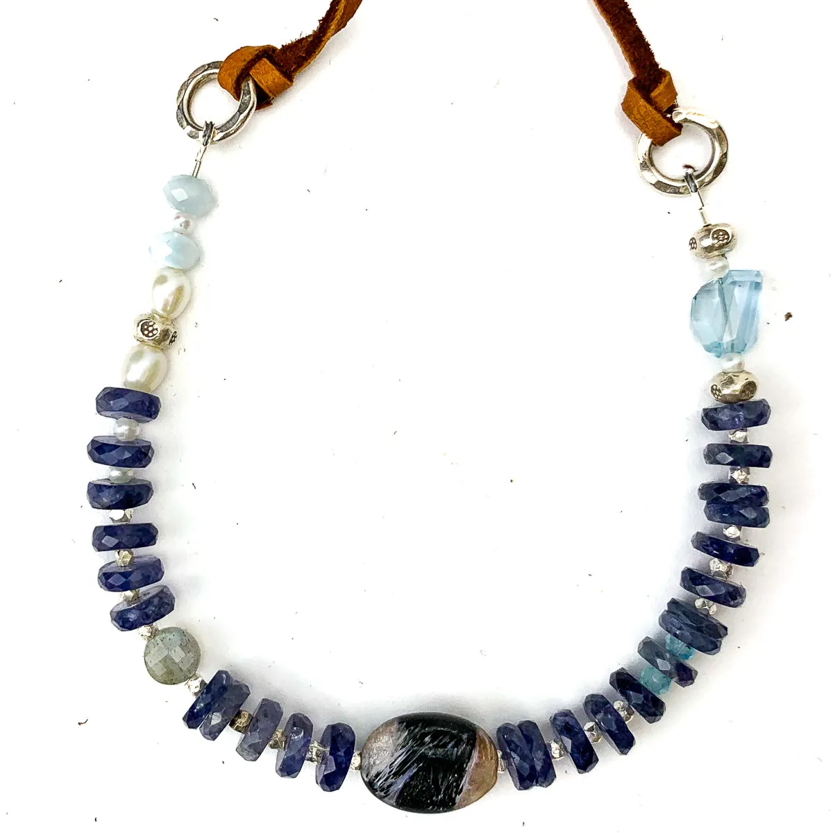 Iolite, Chaorite, Aquamarine, Larimar, Freshwater Pearl Leather Necklace #2