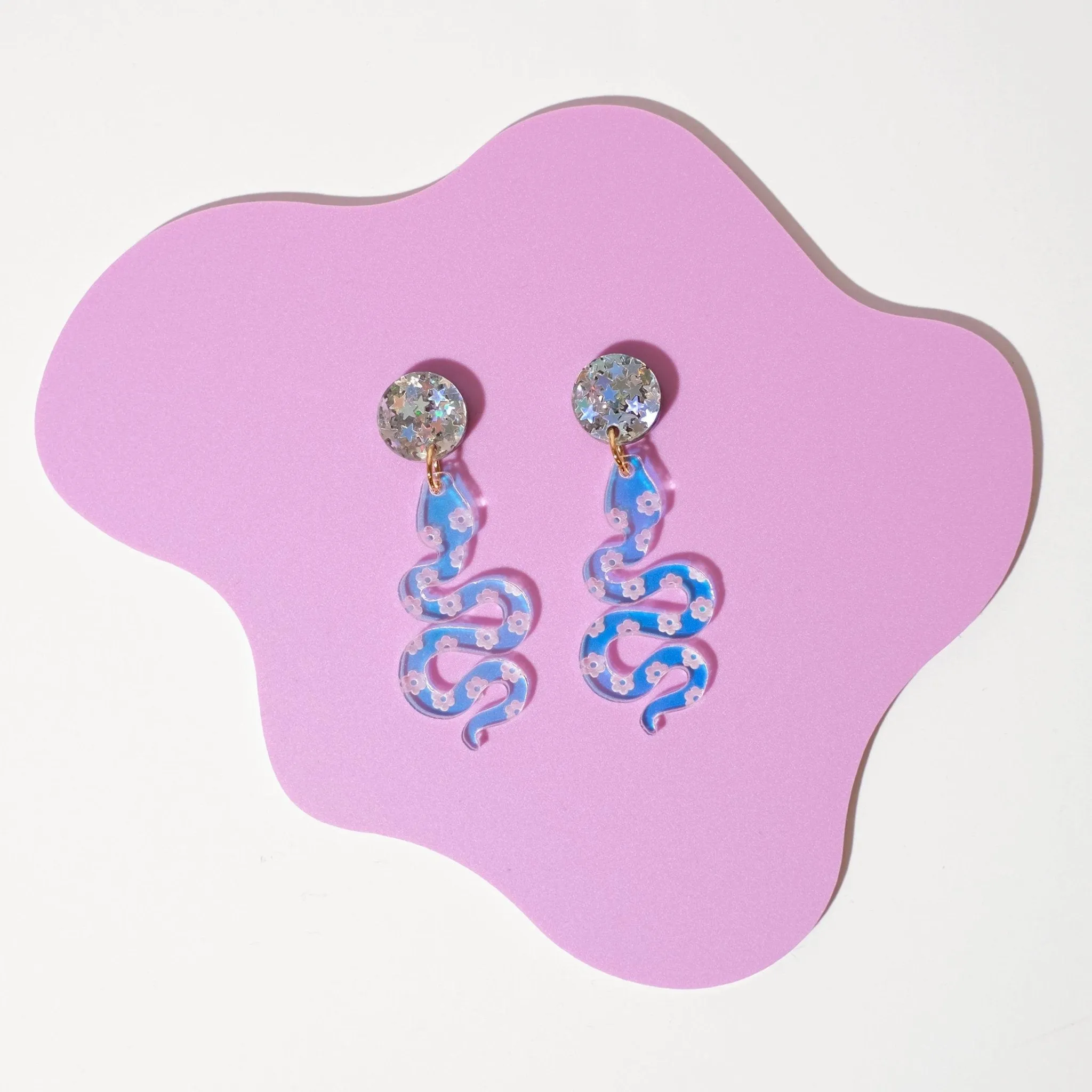 Iridescent Daisy Snake Dangle Earrings