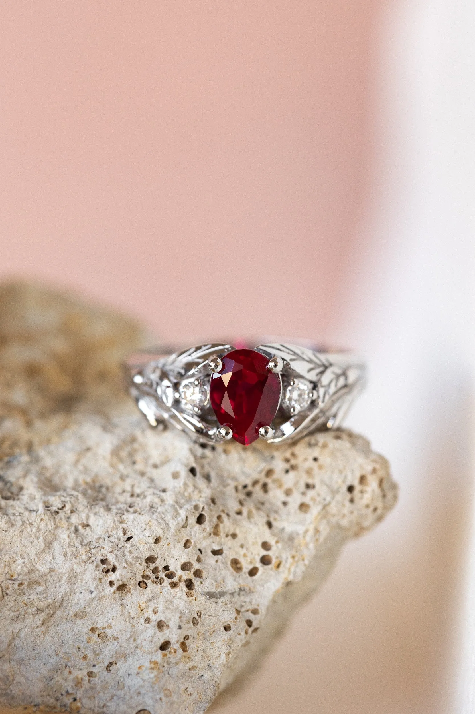 Lab ruby engagement ring, nature inspired ring with accent diamonds / Wisteria