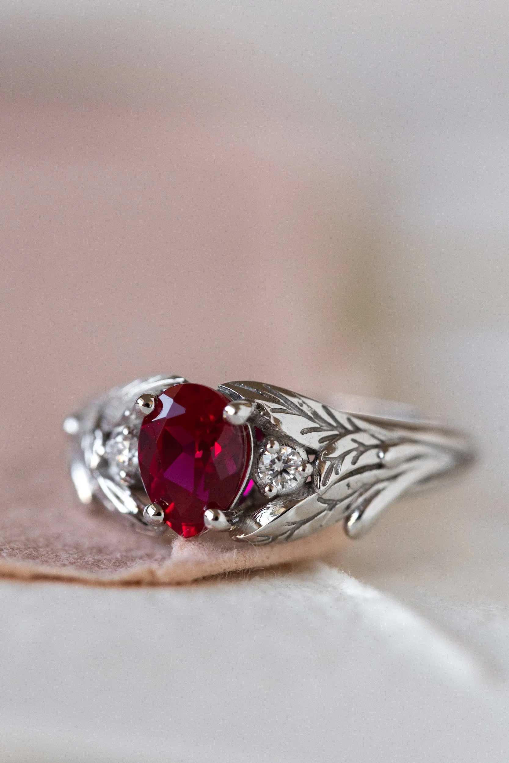 Lab ruby engagement ring, nature inspired ring with accent diamonds / Wisteria