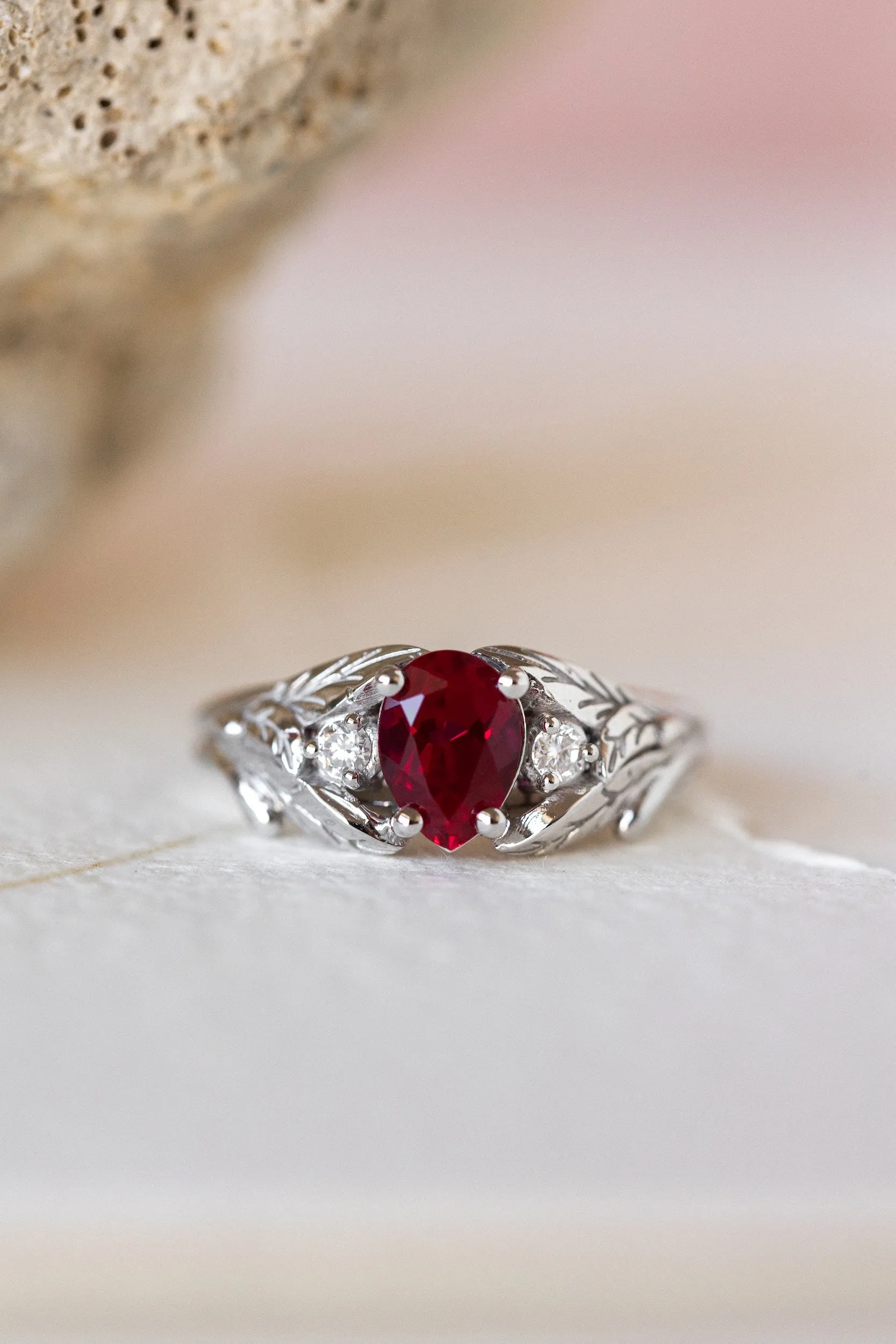 Lab ruby engagement ring, nature inspired ring with accent diamonds / Wisteria