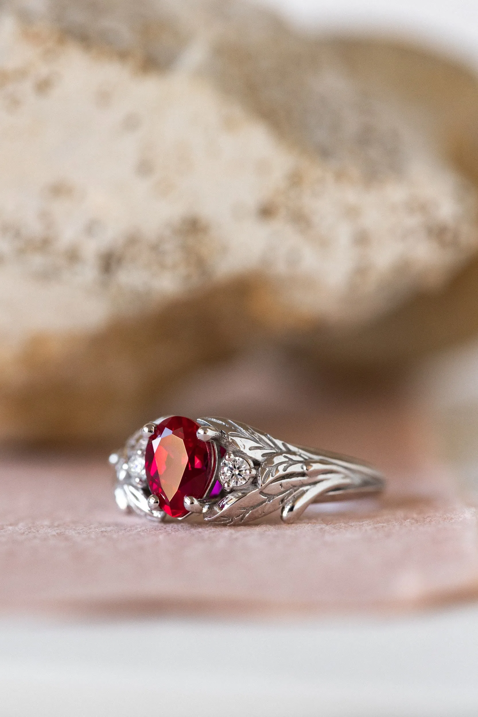 Lab ruby engagement ring, nature inspired ring with accent diamonds / Wisteria