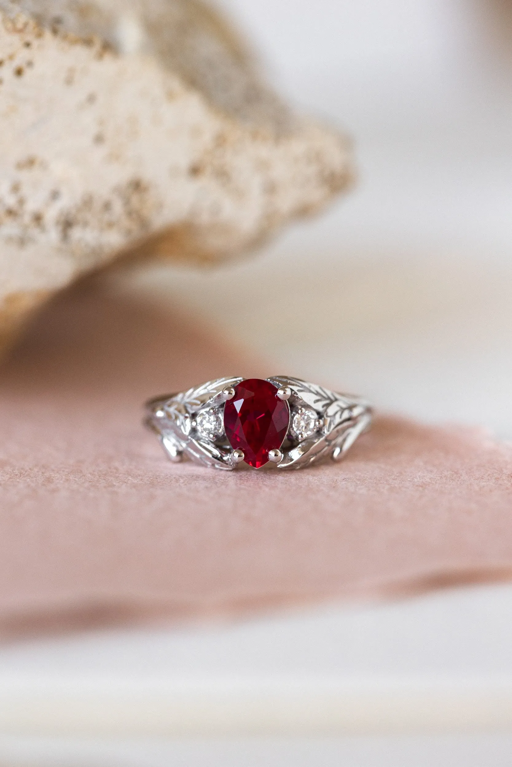 Lab ruby engagement ring, nature inspired ring with accent diamonds / Wisteria