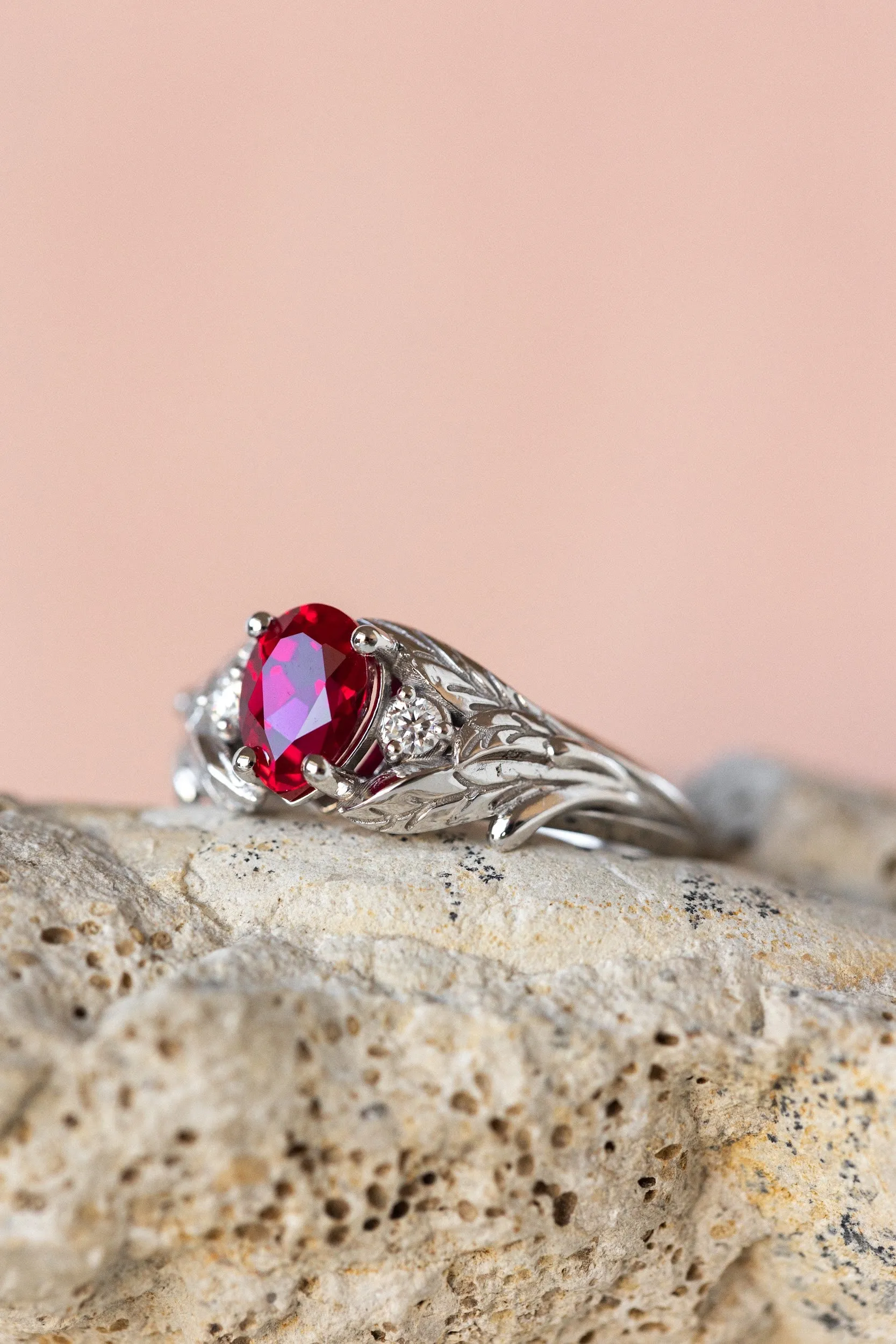 Lab ruby engagement ring, nature inspired ring with accent diamonds / Wisteria