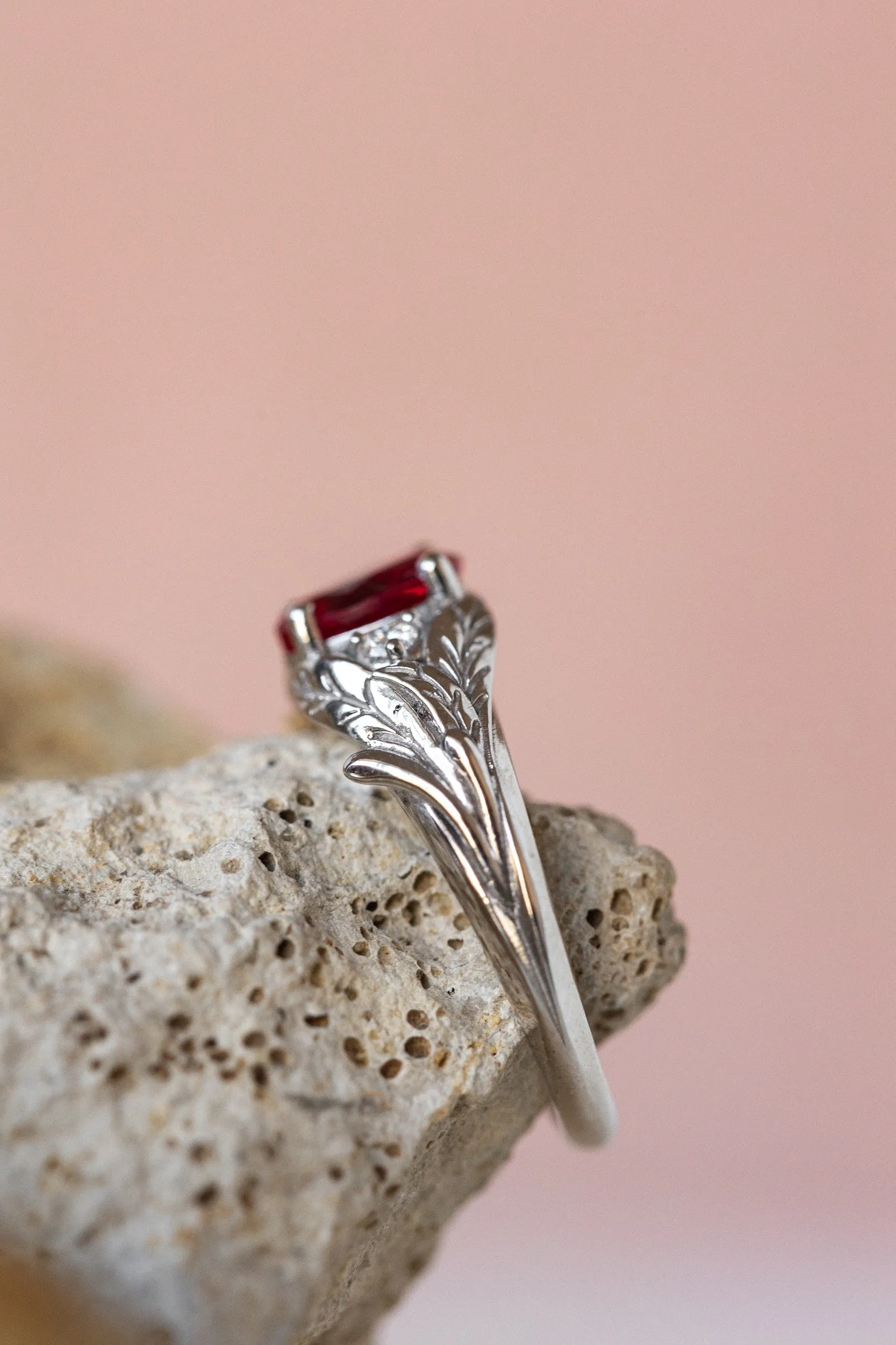 Lab ruby engagement ring, nature inspired ring with accent diamonds / Wisteria