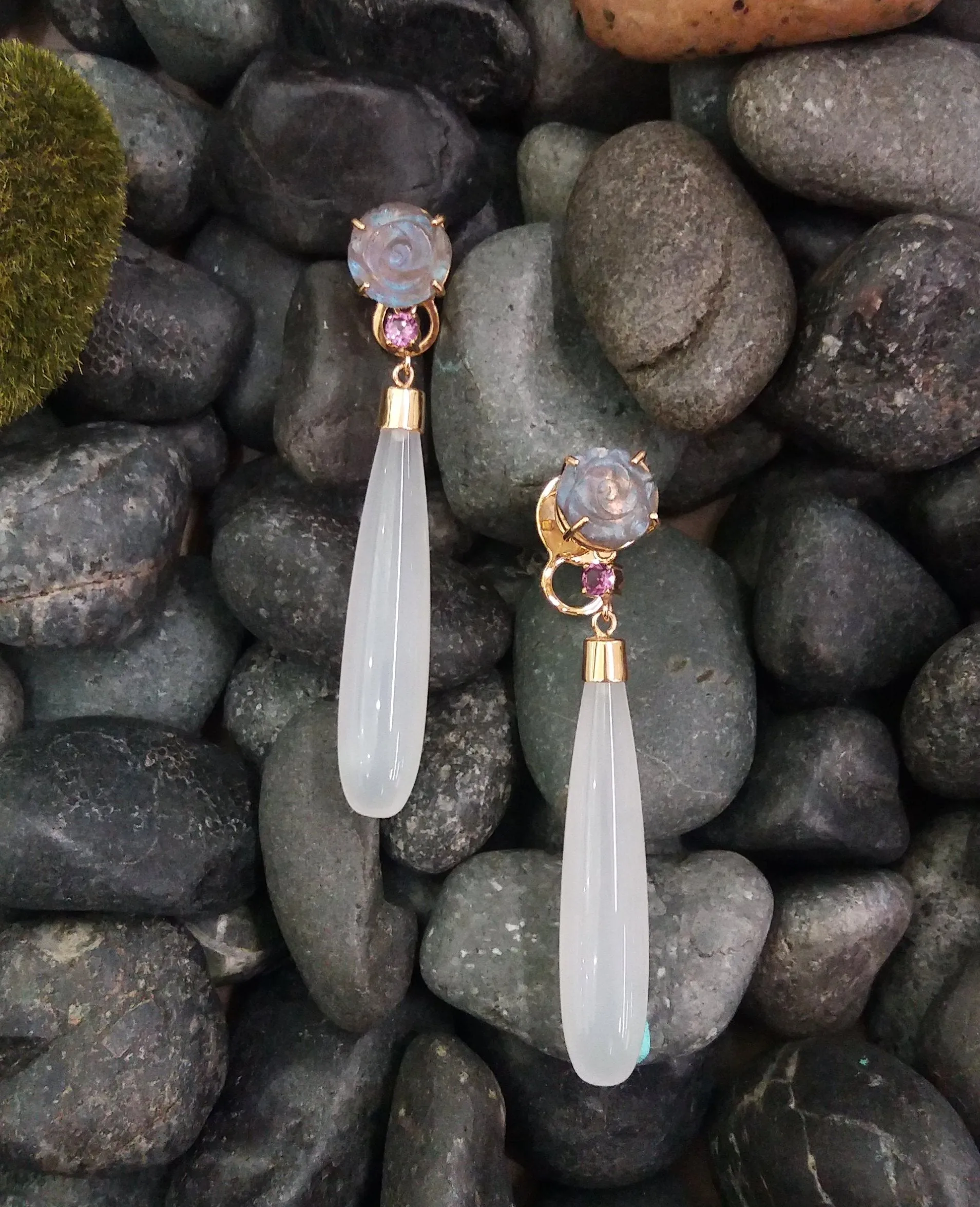 Labradorite Flower Studs with Rhodolite Garnets & White Agate Long Drop Twinset Earrings