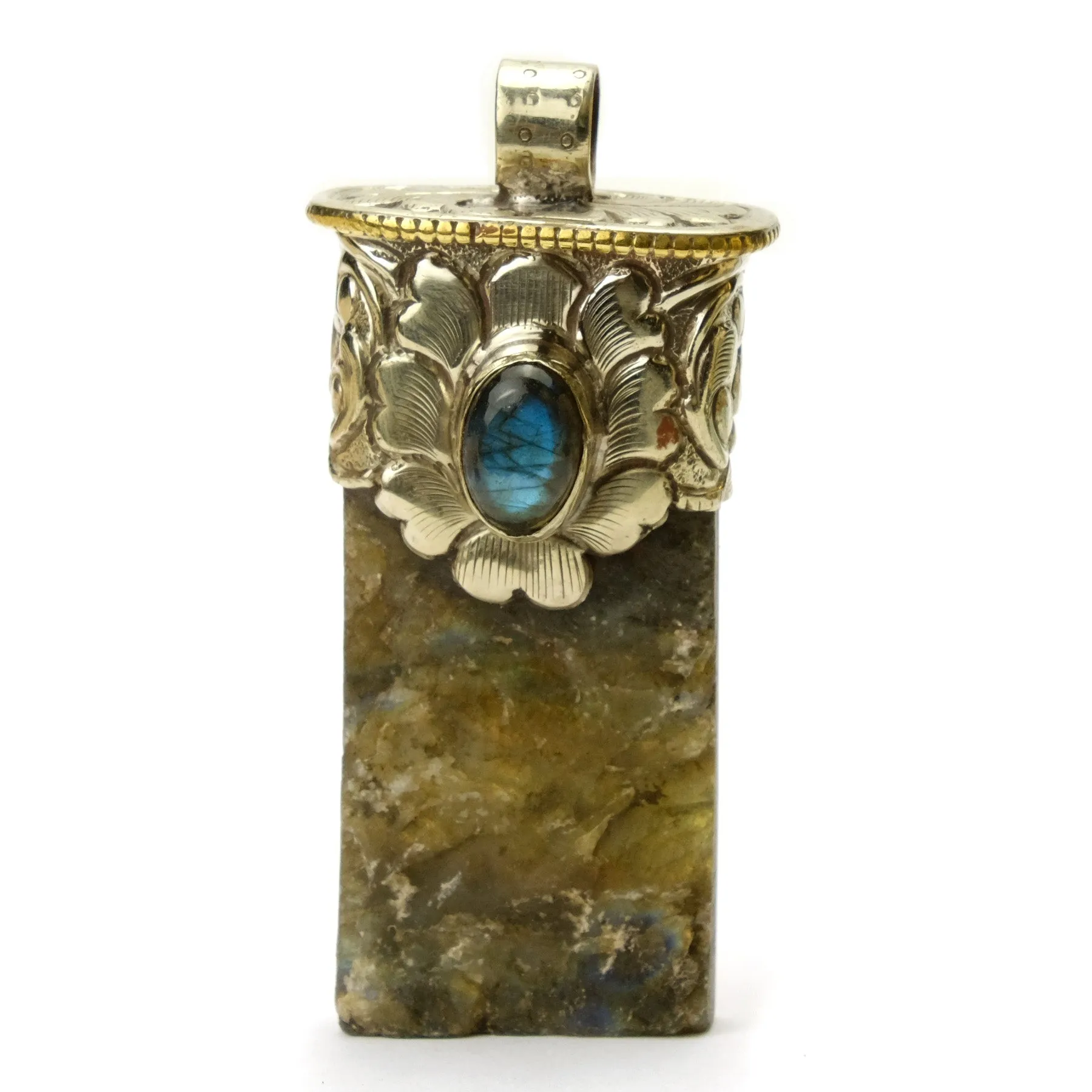 Labradorite Golden Fire Rough Tabular Pendant with Fine Labradorite Cabochon # 88 - 2