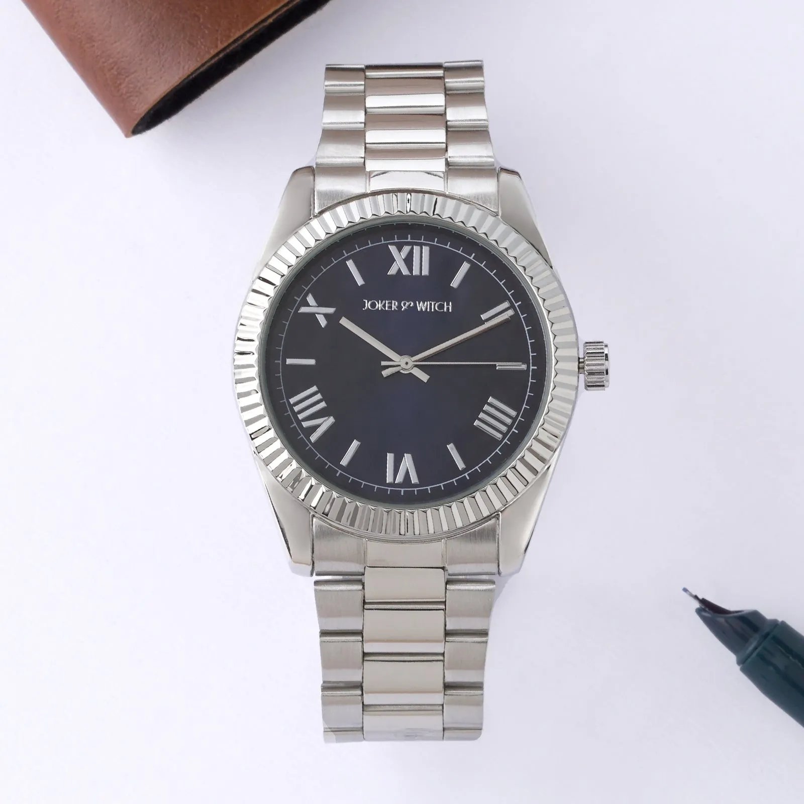 Leigh Blue Dial Silver Metallic Strap Watch